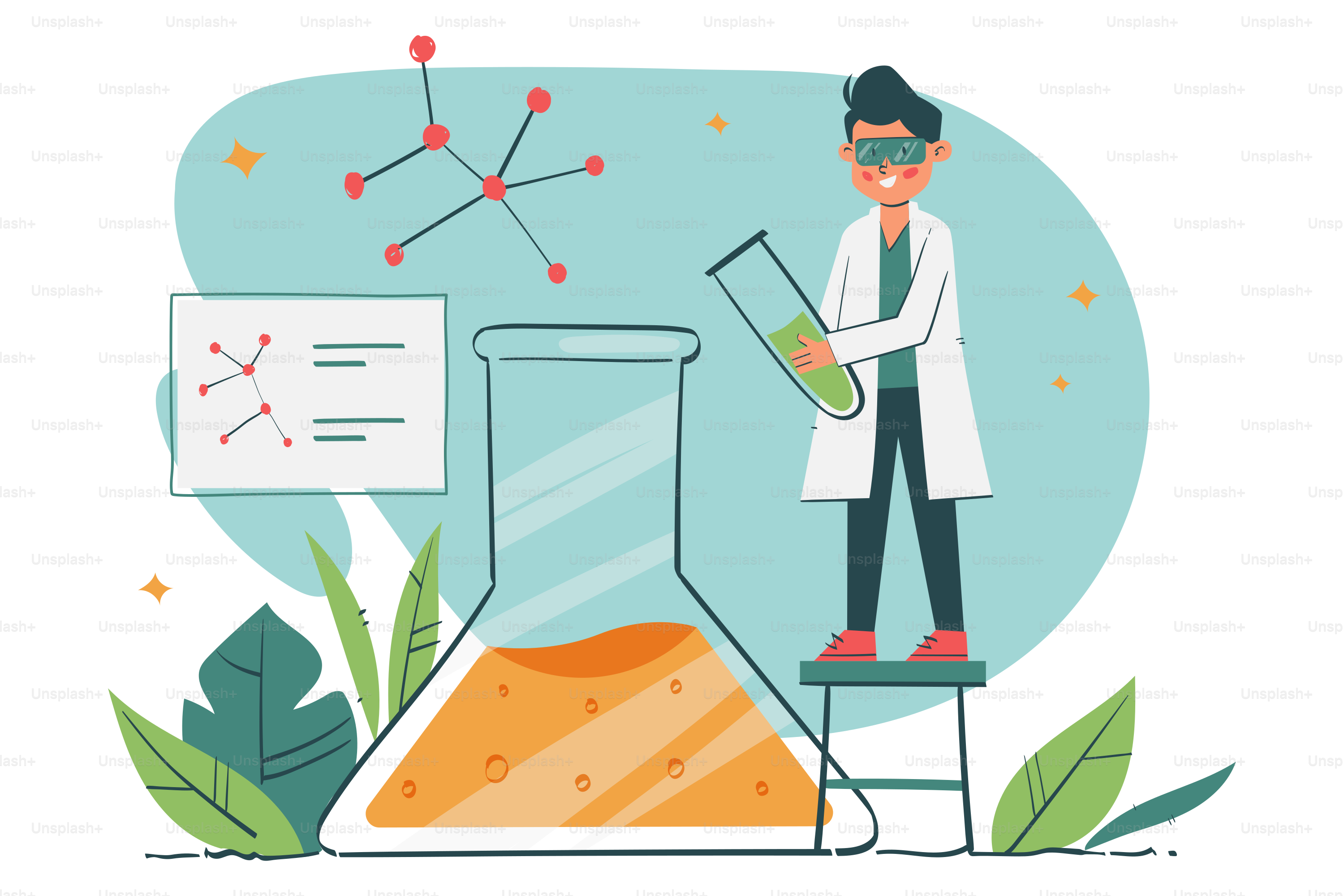 A man in a lab coat standing next to a test tube