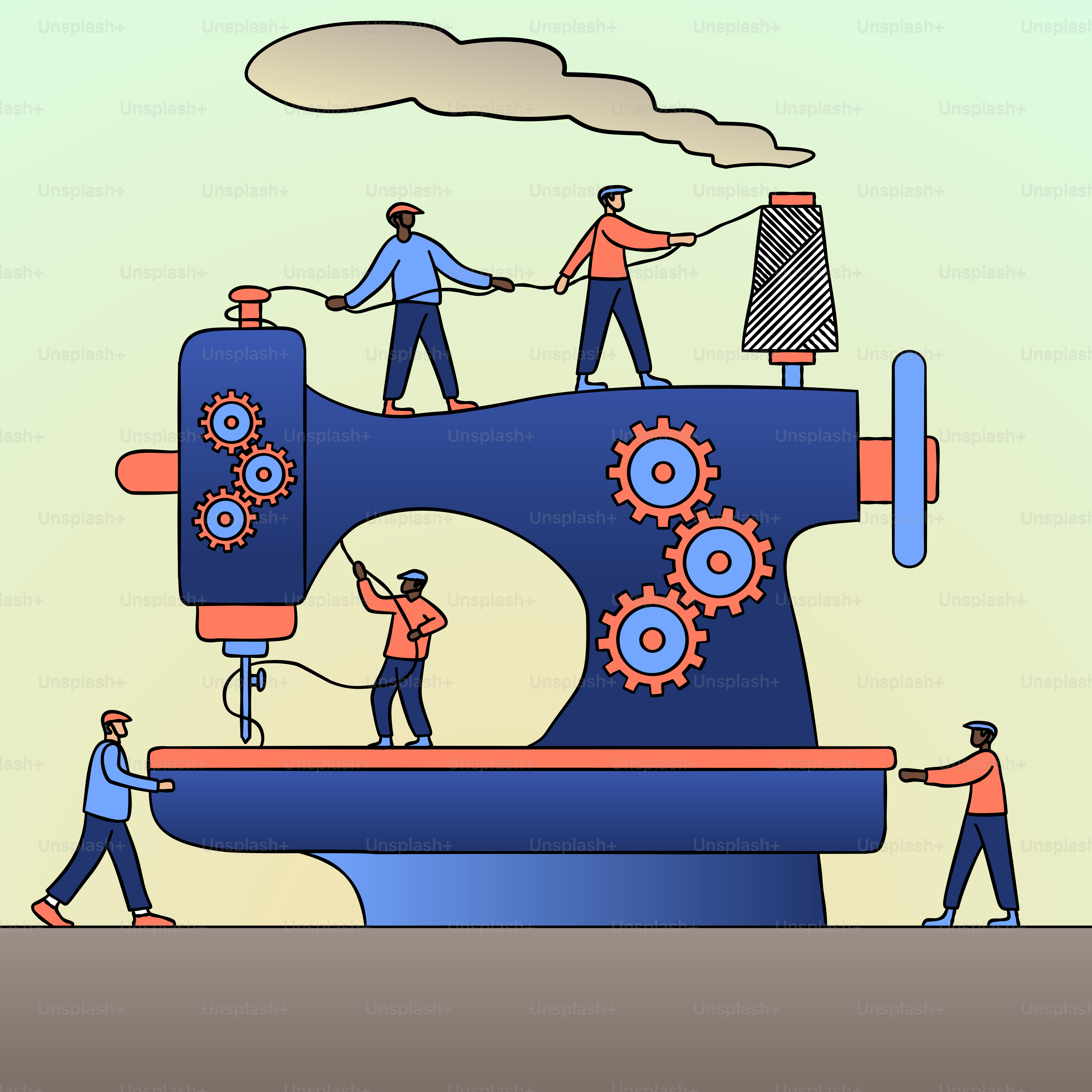 A group of people working on a sewing machine