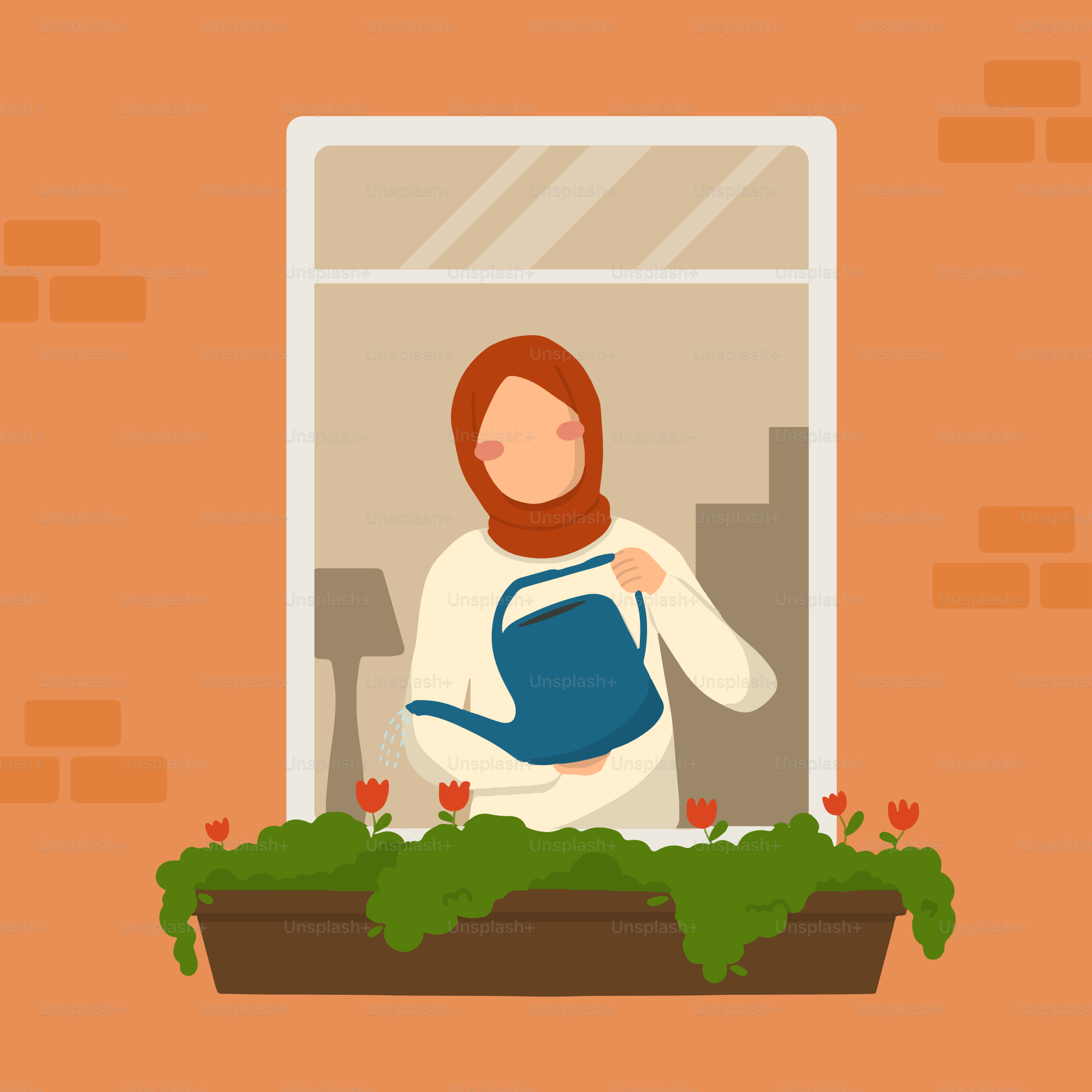 Eine Frau, die Blumen in einem Blumenkasten gießt