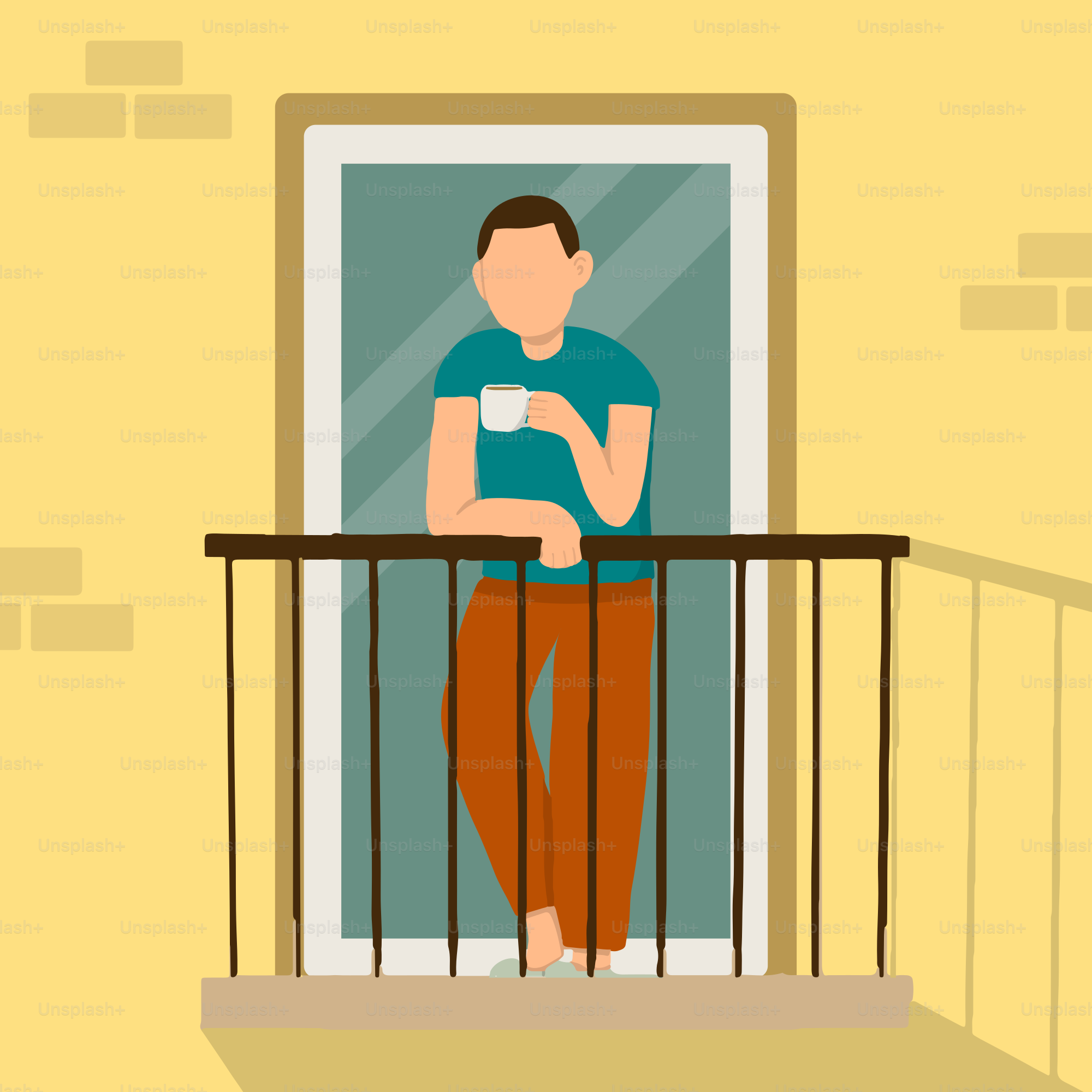 Un uomo in piedi su un balcone con una tazza di caffè