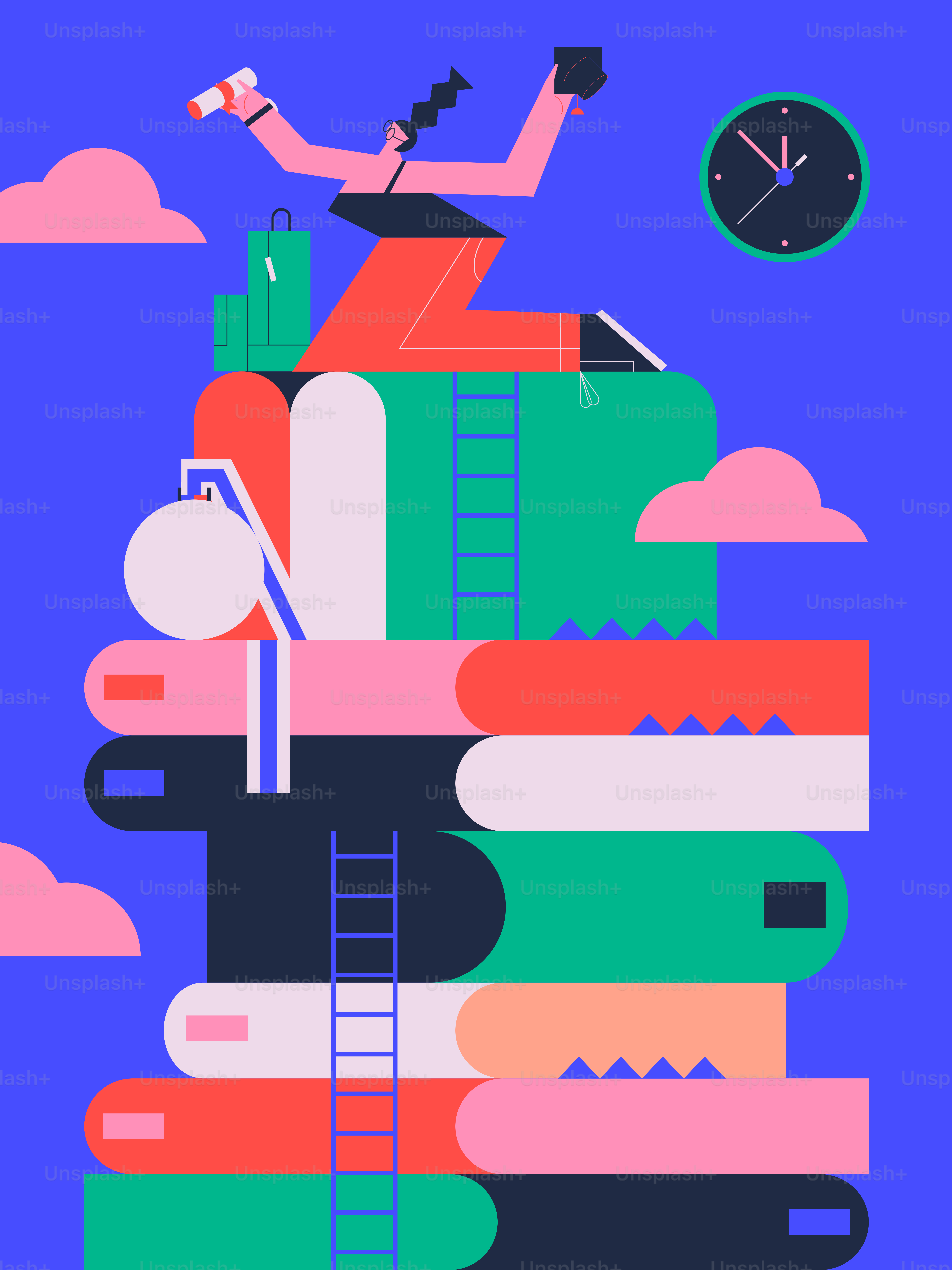 A man climbing up a ladder to reach a clock