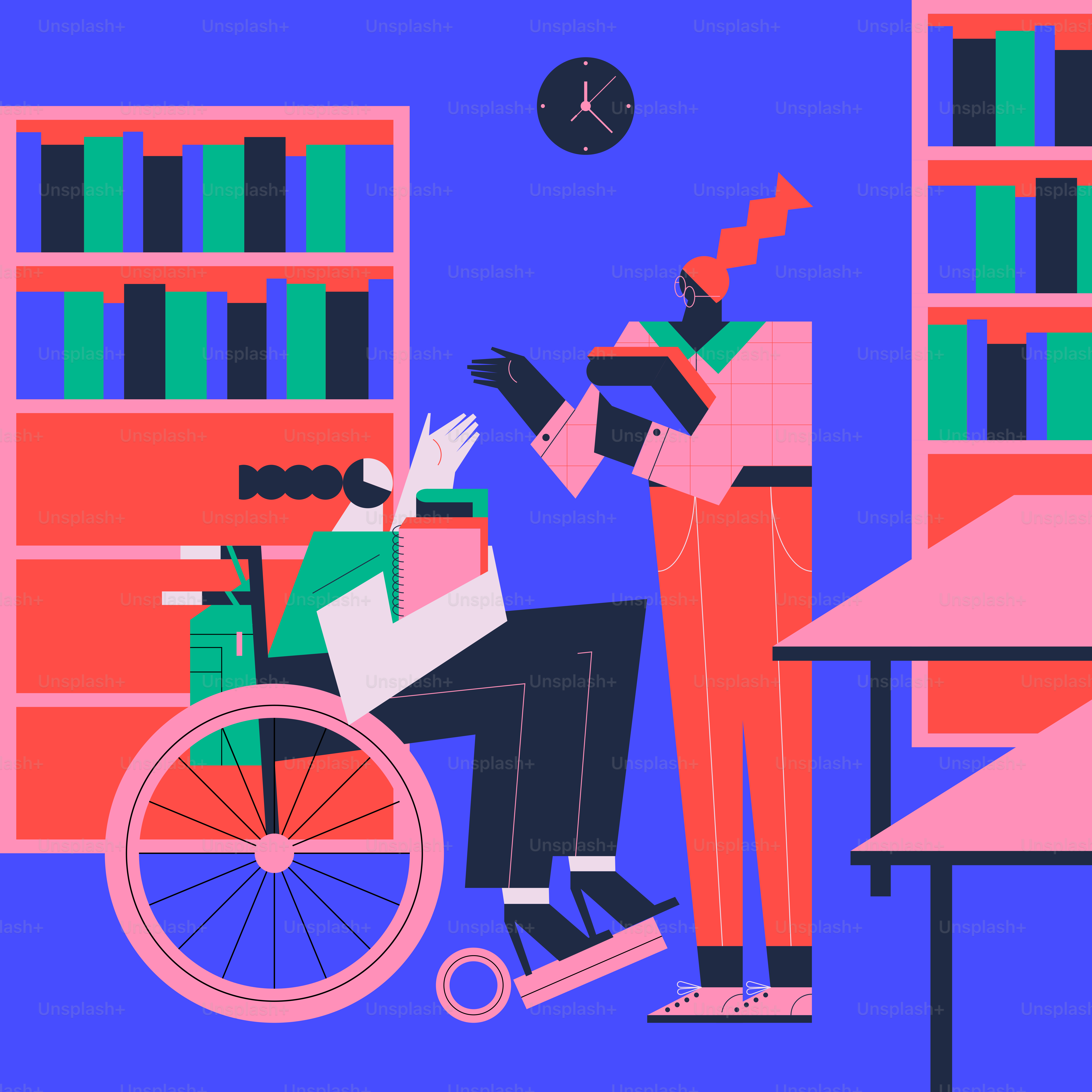 A man in a wheel chair reading a book in a library