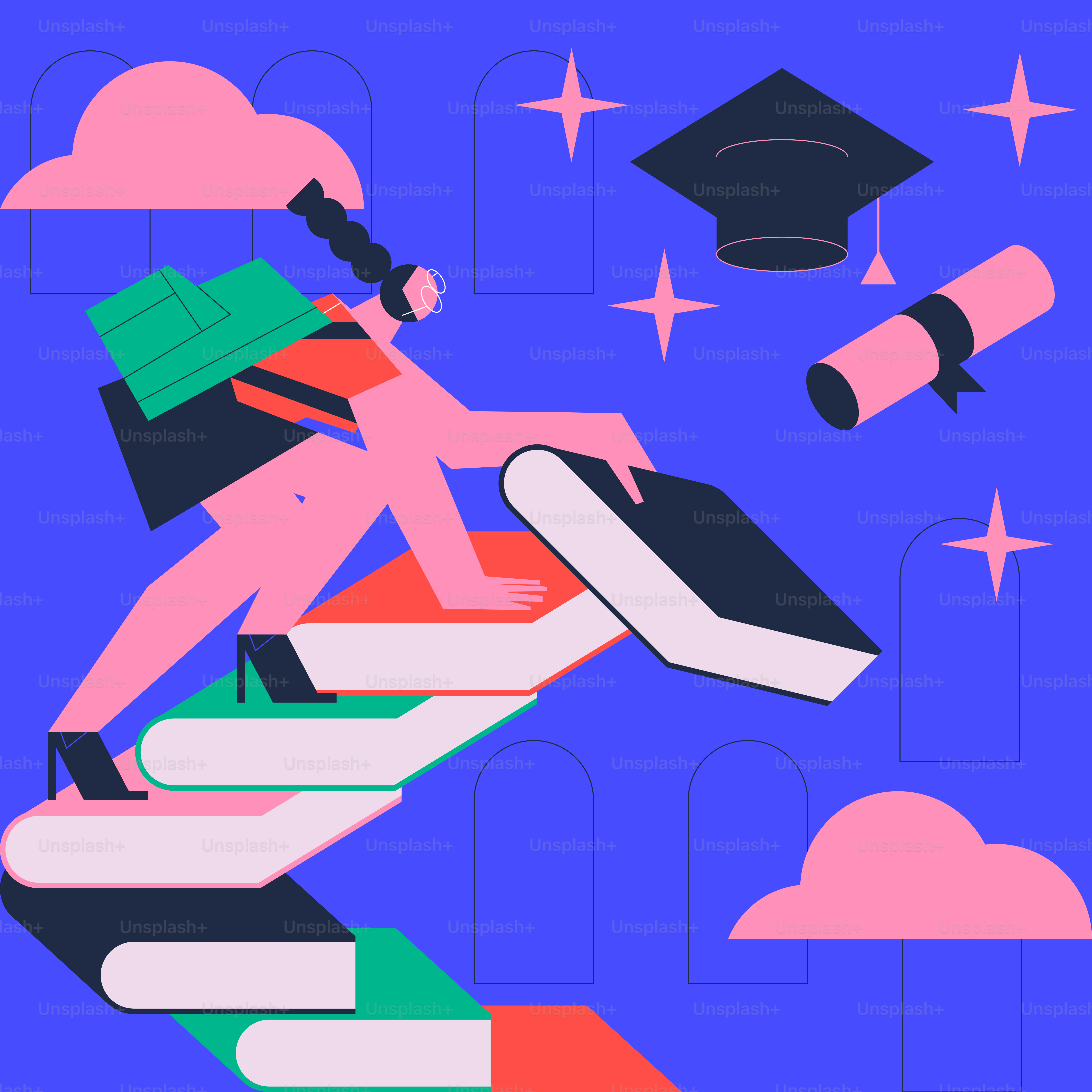 本の山の上に座る女性