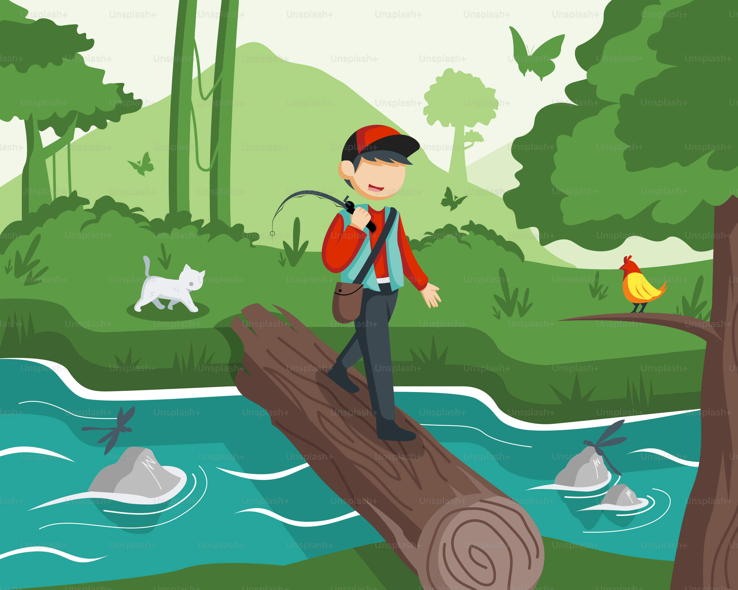 A man walking across a log across a river