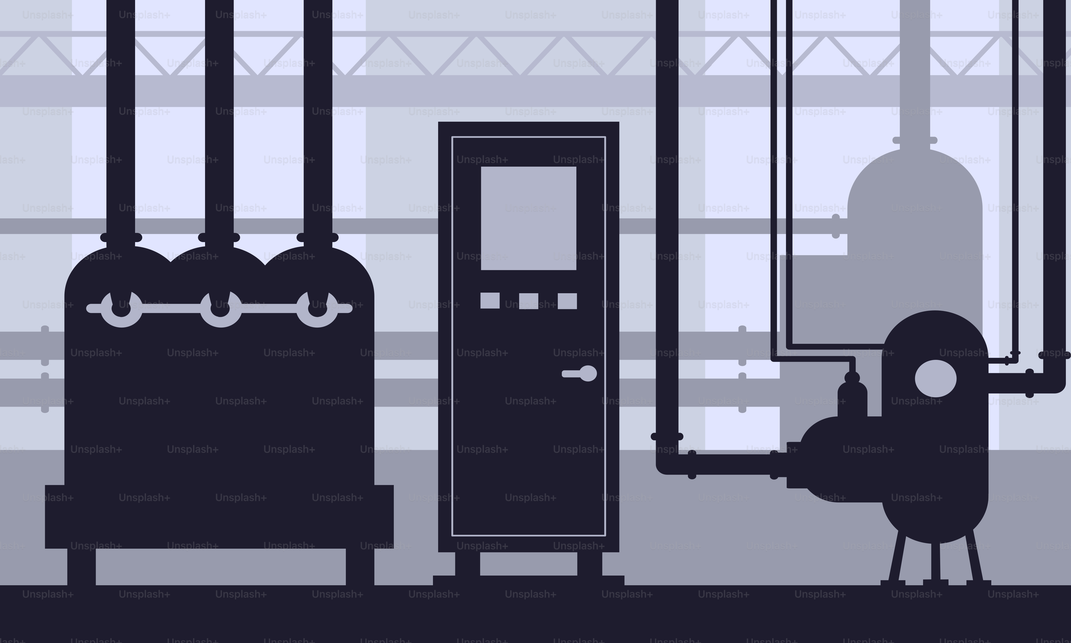 A black and white picture of a factory with pipes