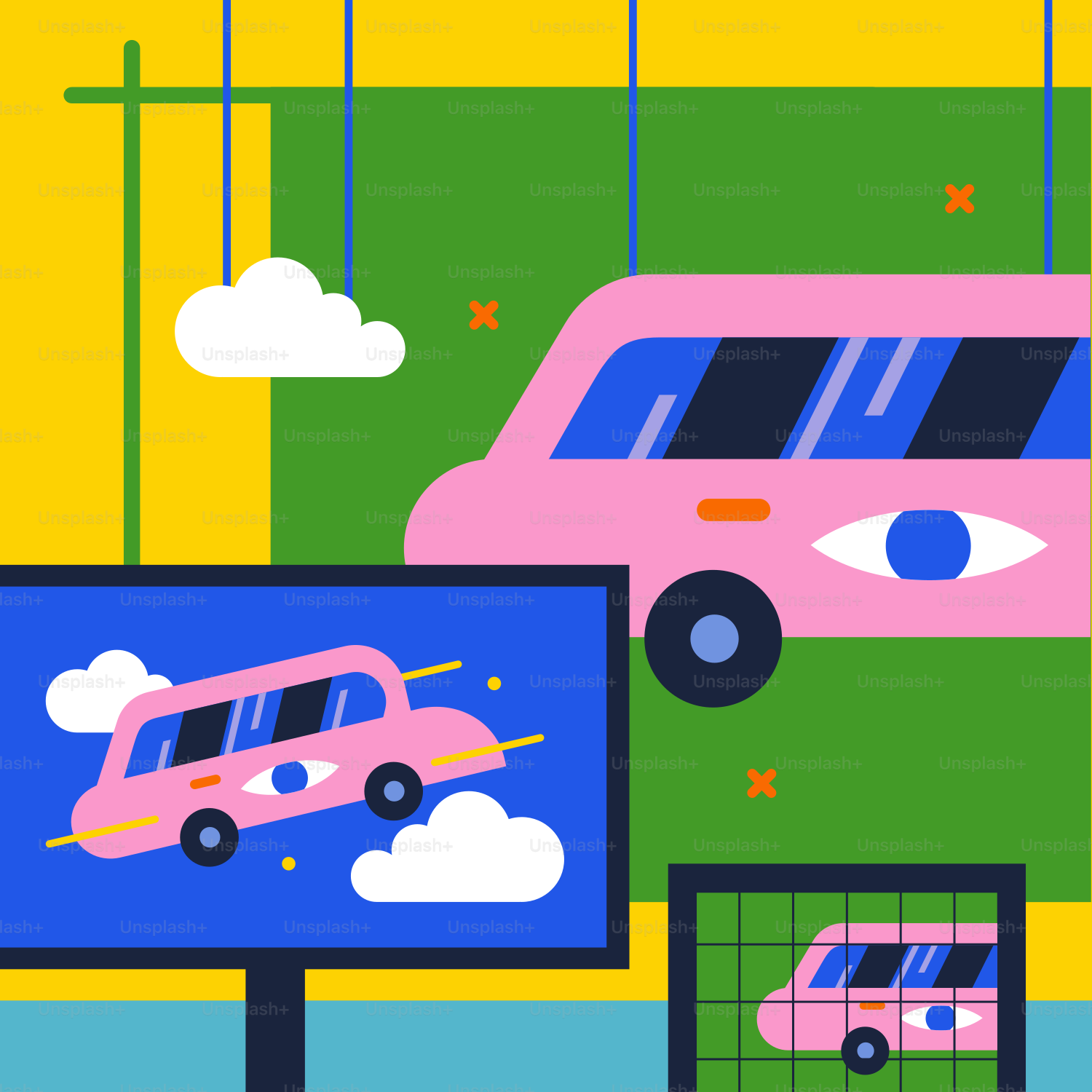 Una pantalla de televisión con un coche rosa