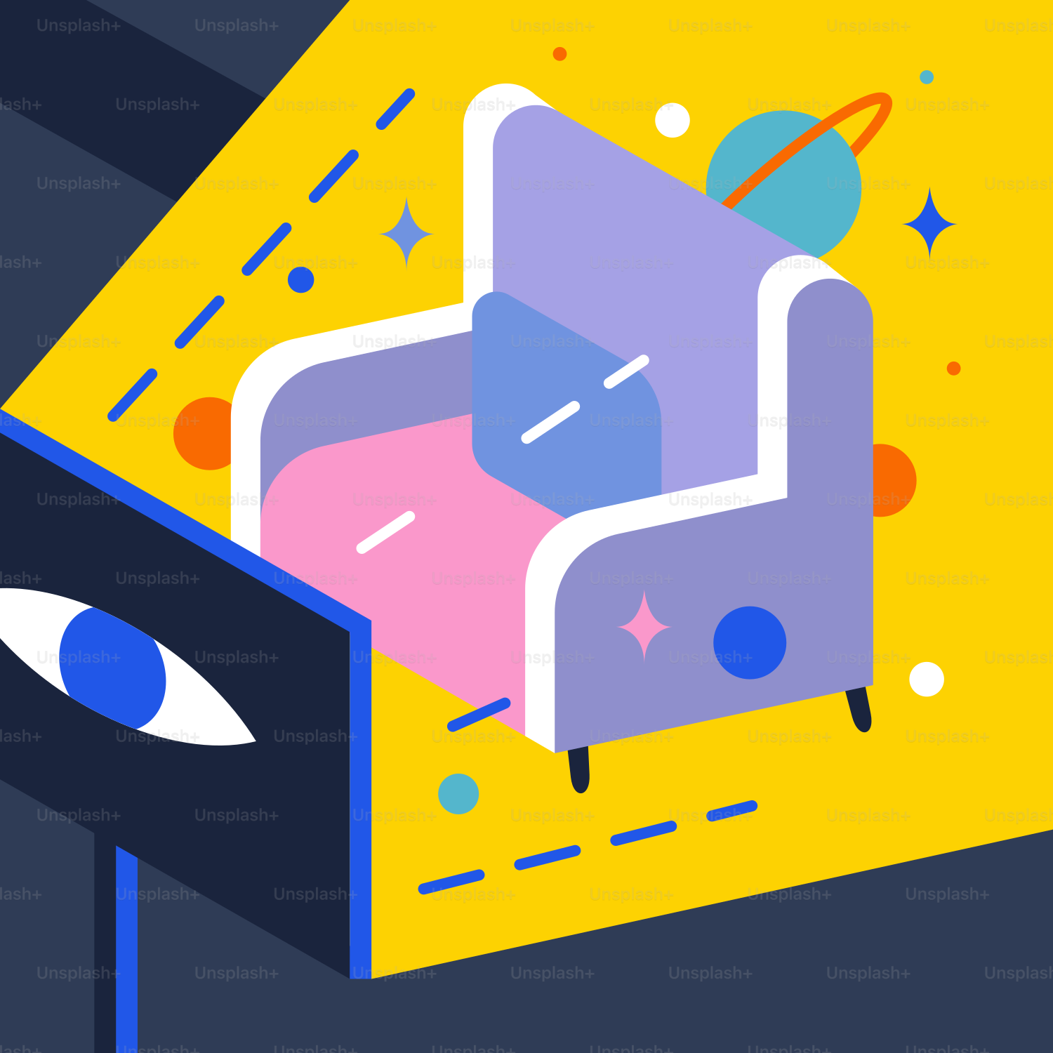 Un'illustrazione colorata di un divano con un occhio che lo osserva