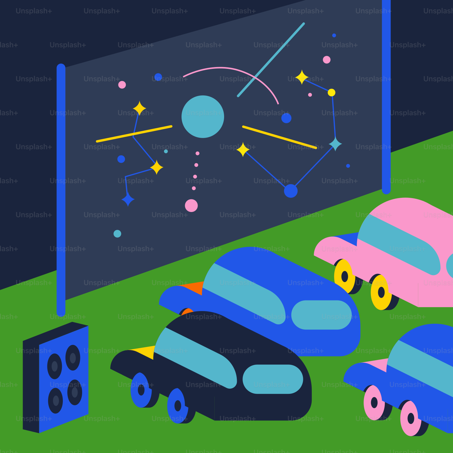 Um grupo de carros estacionados lado a lado em frente a uma tela