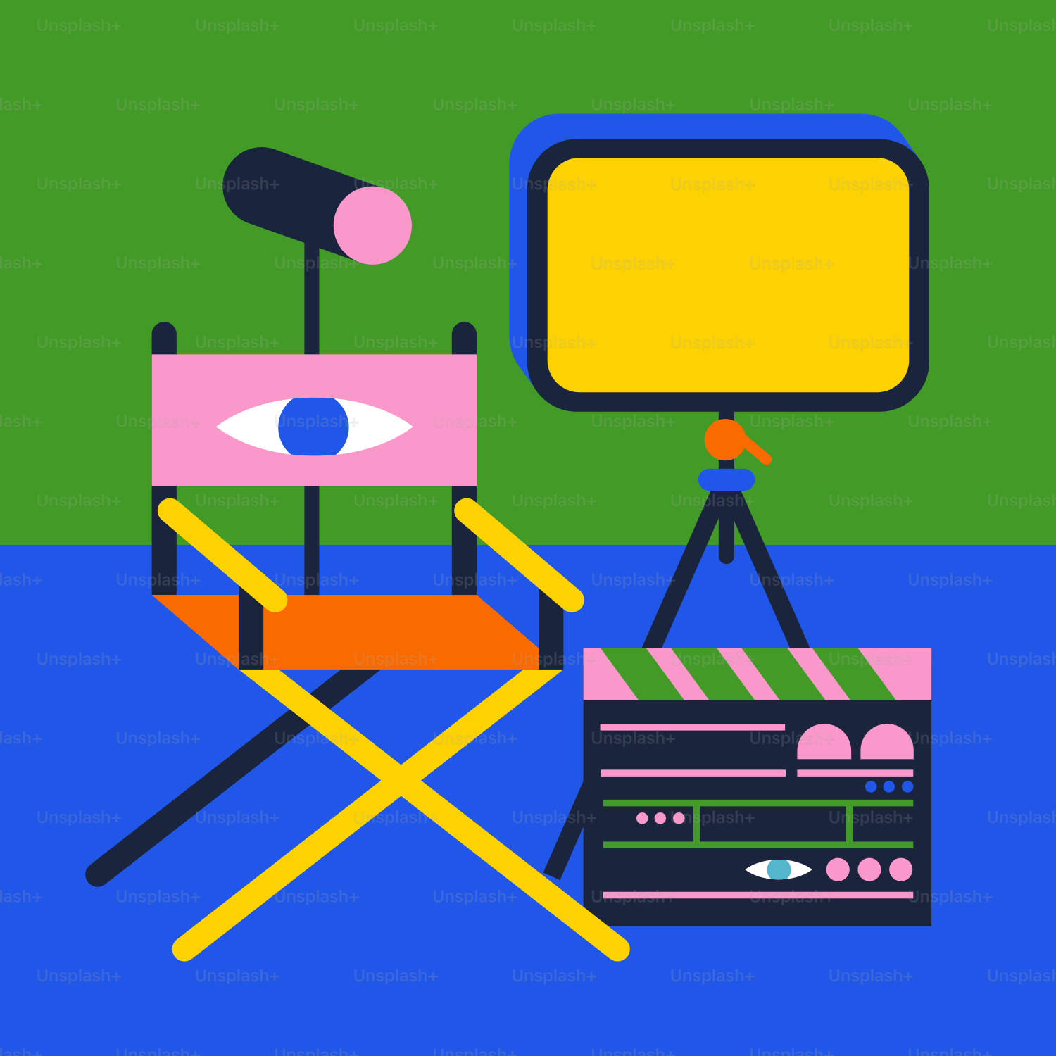 L'immagine di una sedia e una cinepresa