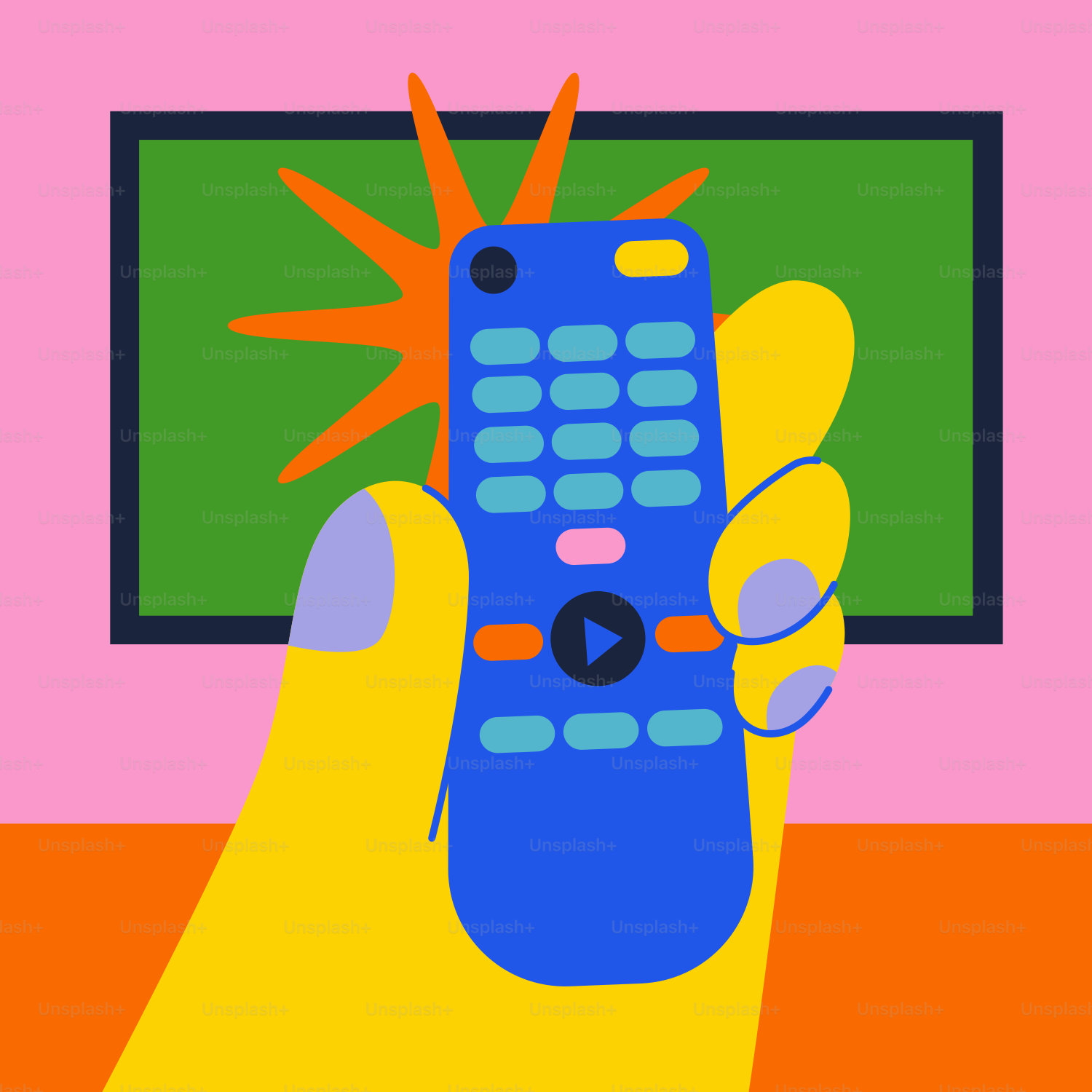 A hand holding a remote control in front of a TV