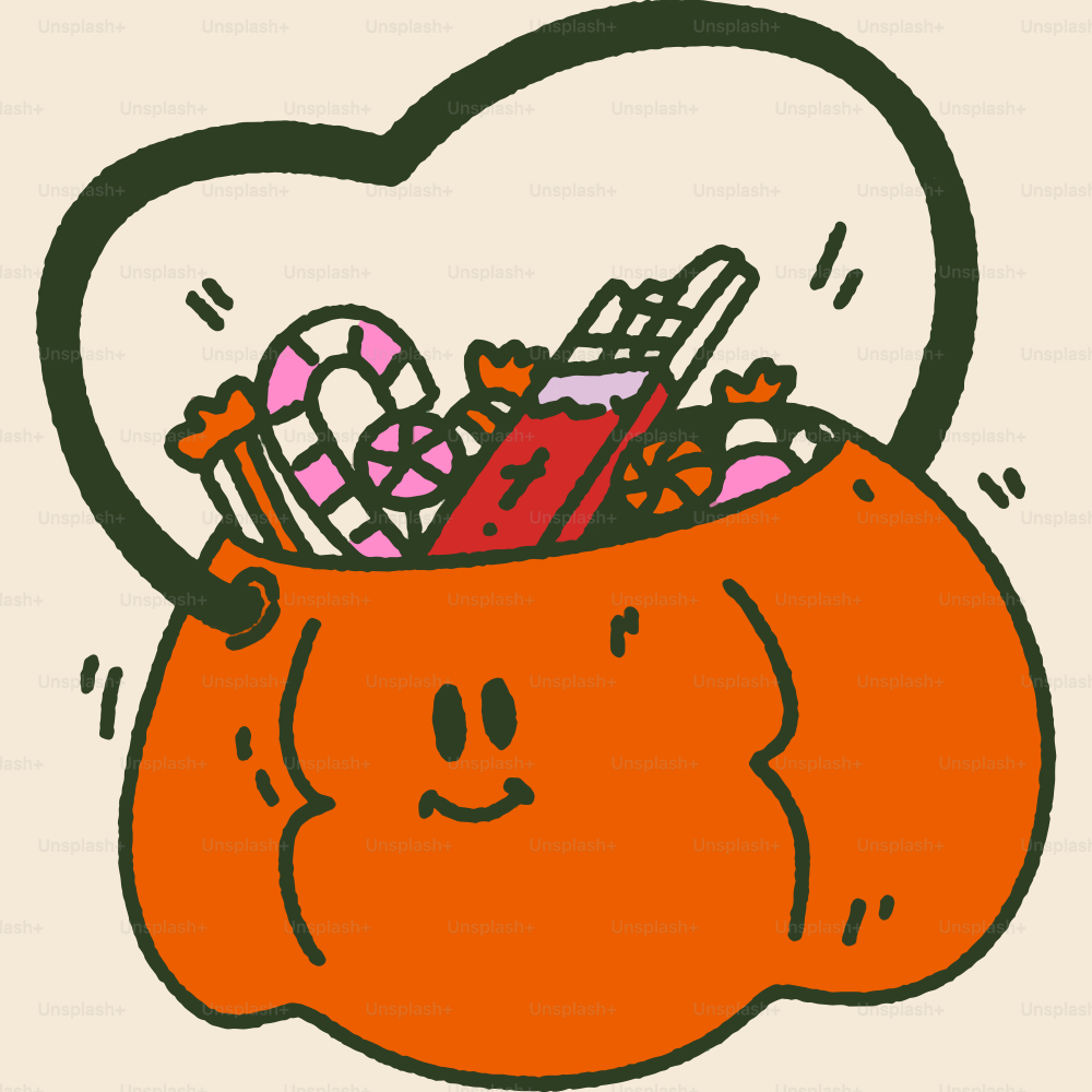 A drawing of a pumpkin with a bunch of items in it