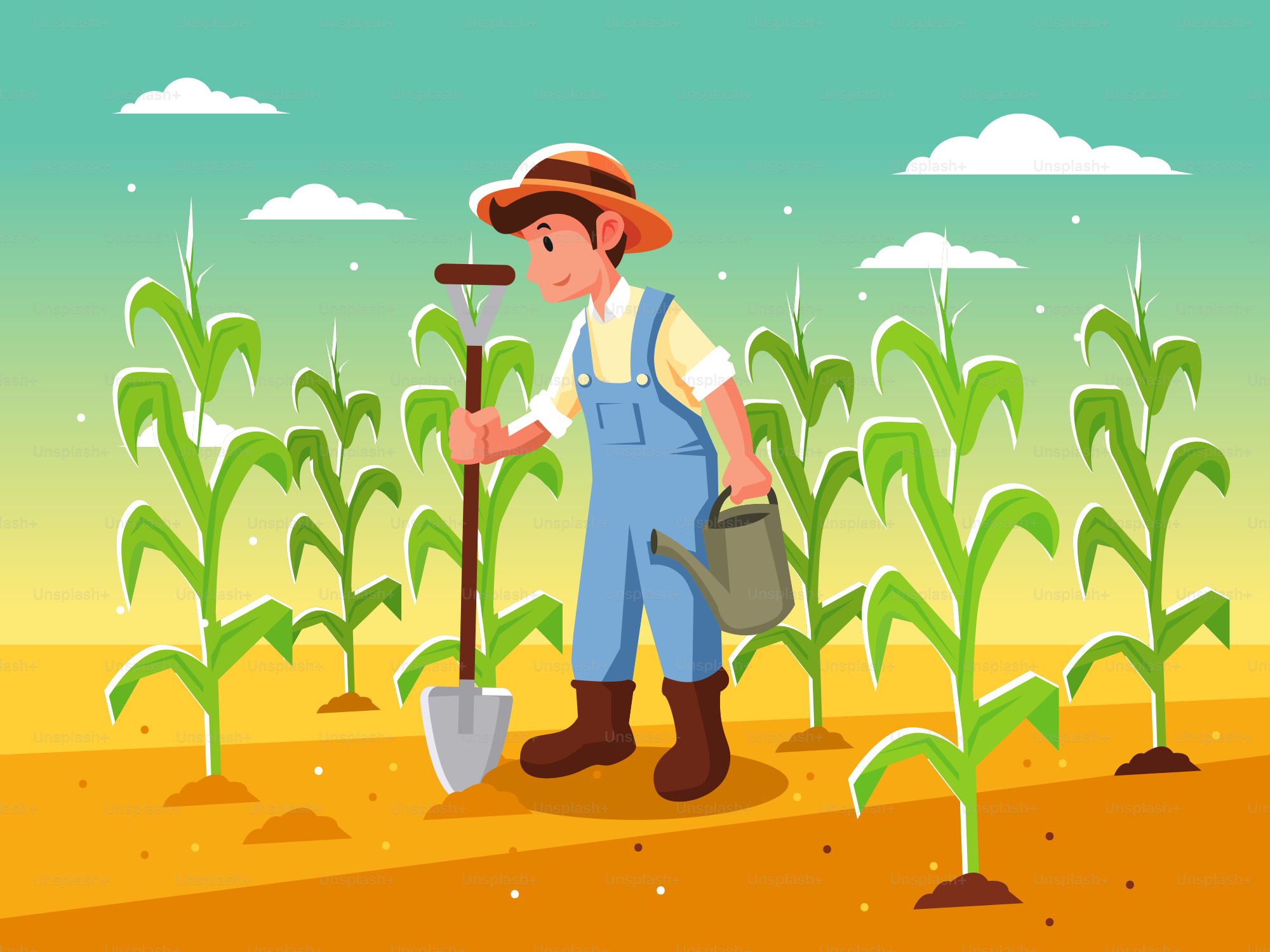 Ein Mann, der auf einem Feld steht und eine Schaufel hält