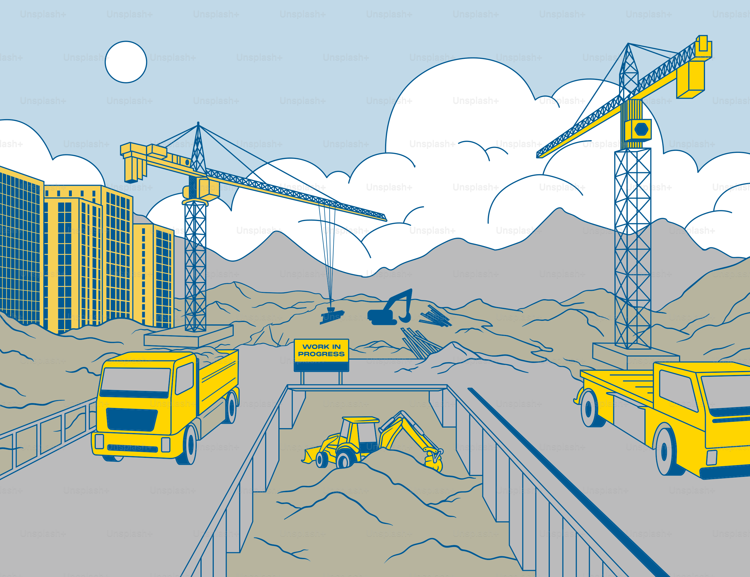 Dibujo de una obra con grúas y camiones