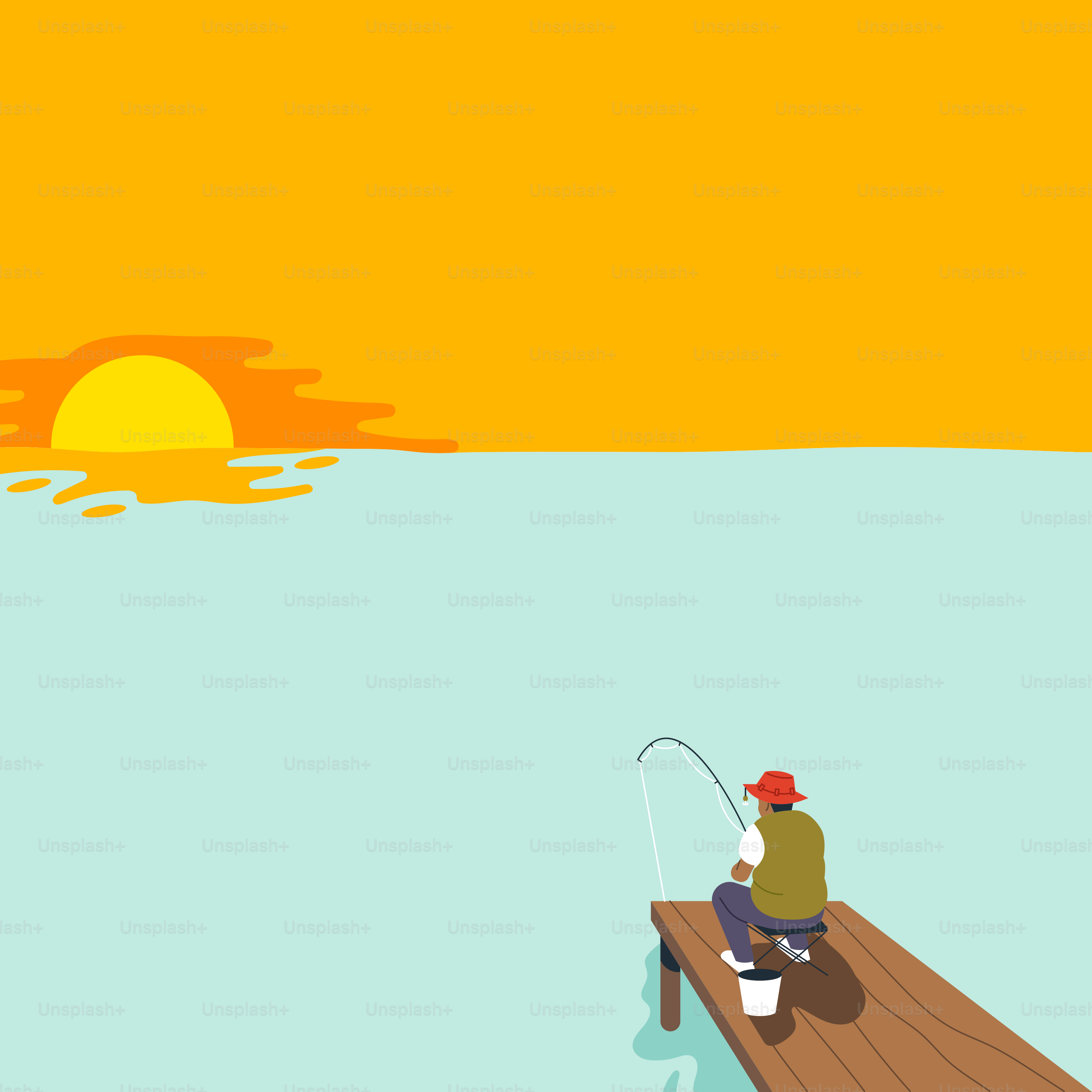 Un homme assis sur un quai à pêcher au coucher du soleil