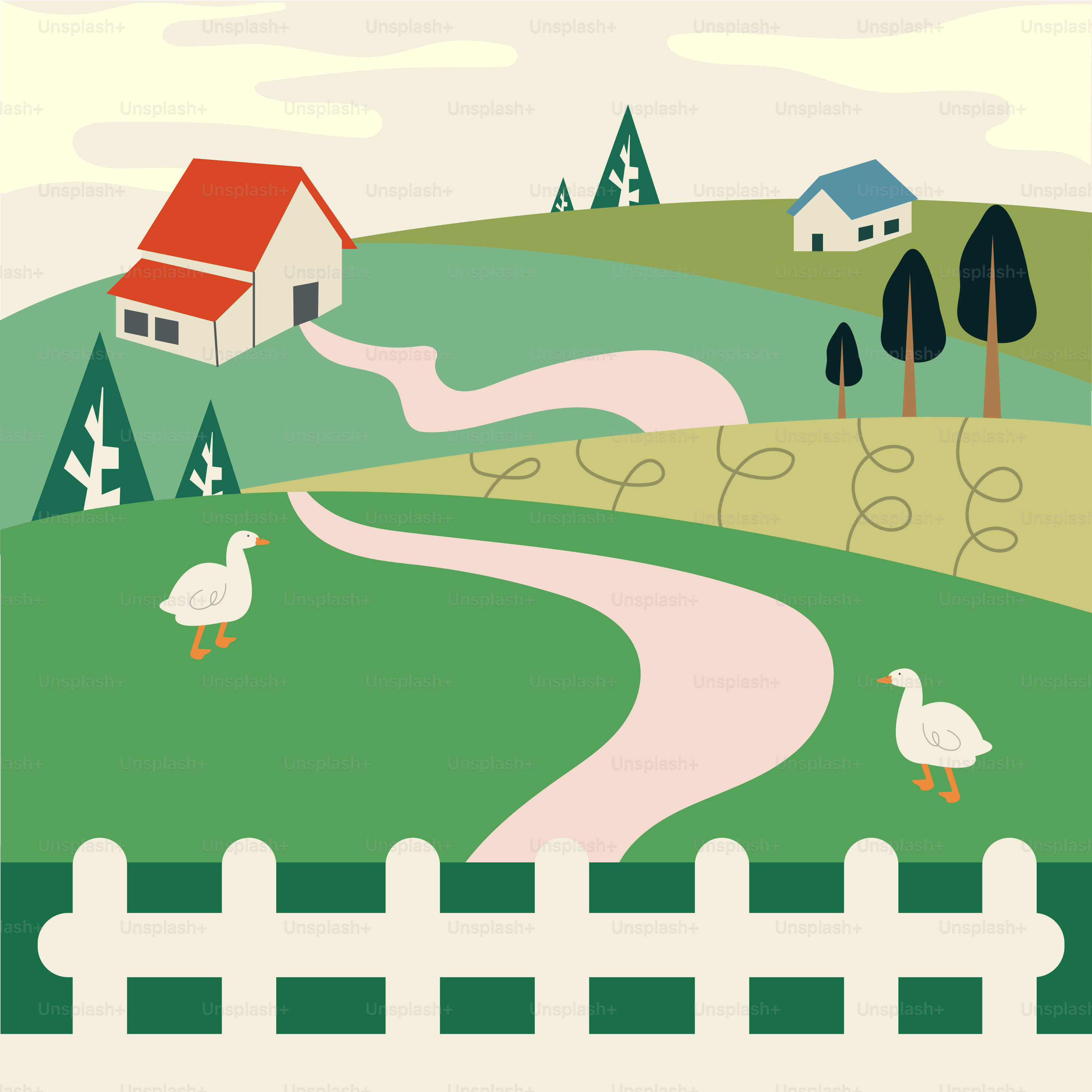 A painting of a country road with ducks and a house