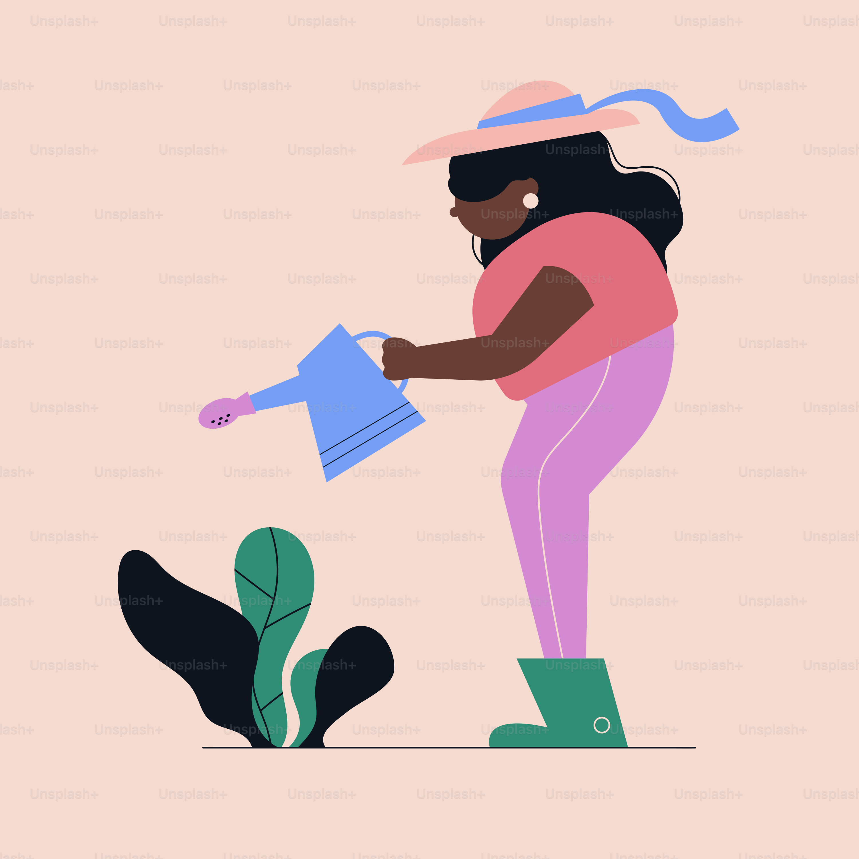 A woman watering plants with a watering hose