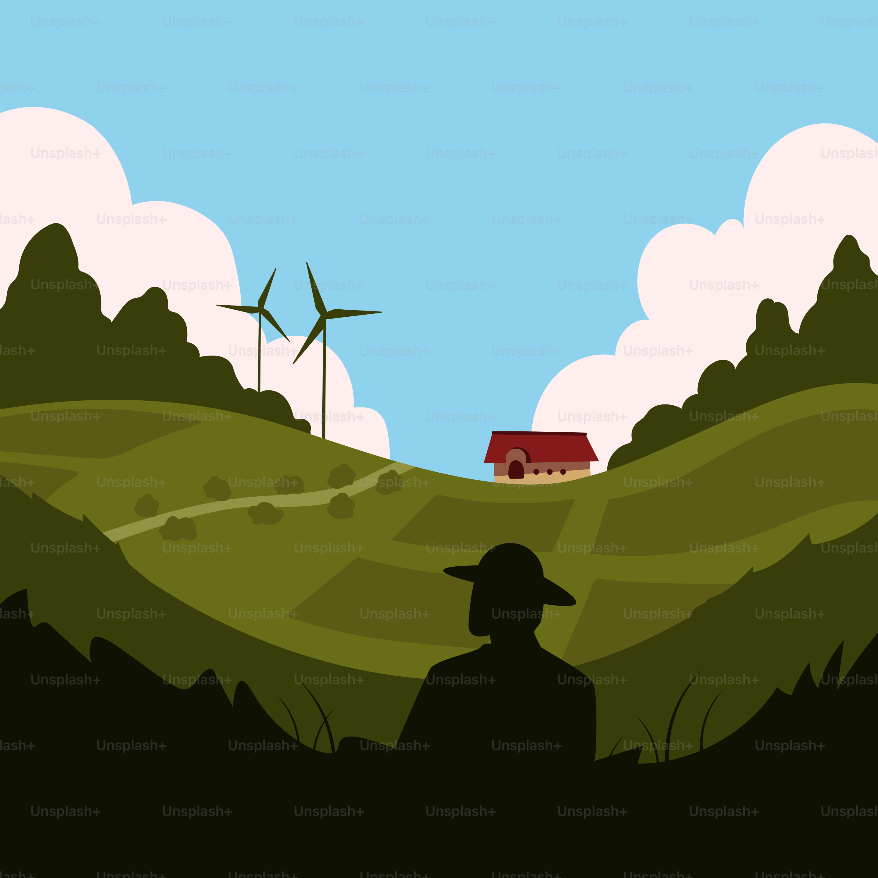 Une personne debout dans un champ avec des moulins à vent en arrière-plan