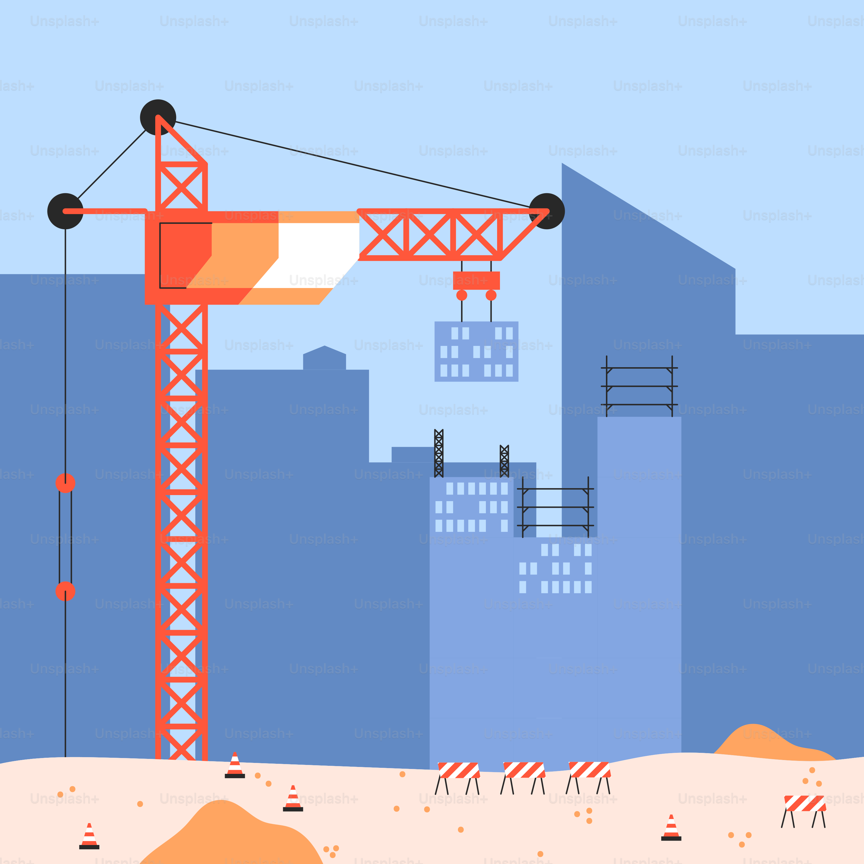 A red tower crane in front of a city