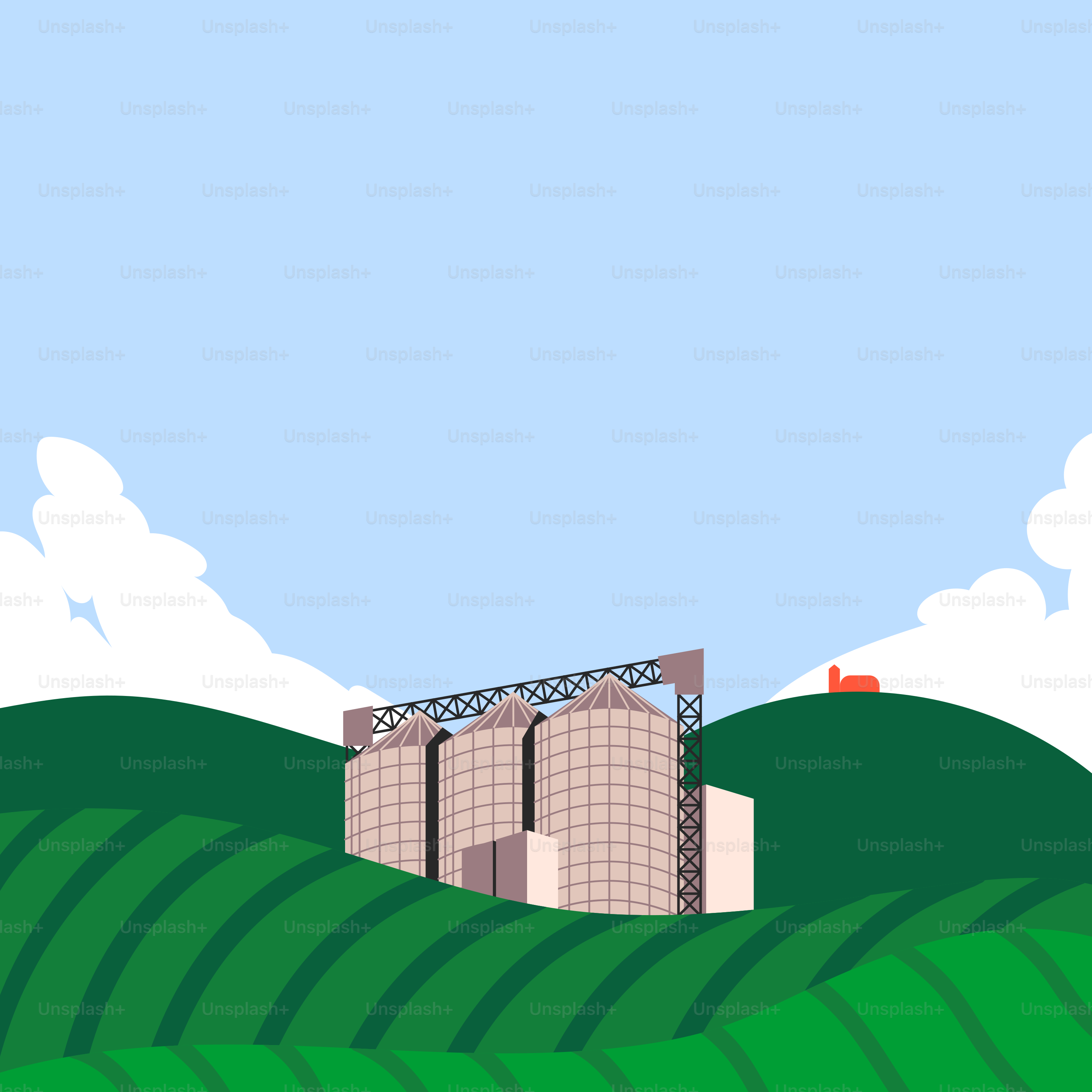 A picture of a farm with a building in the middle of it