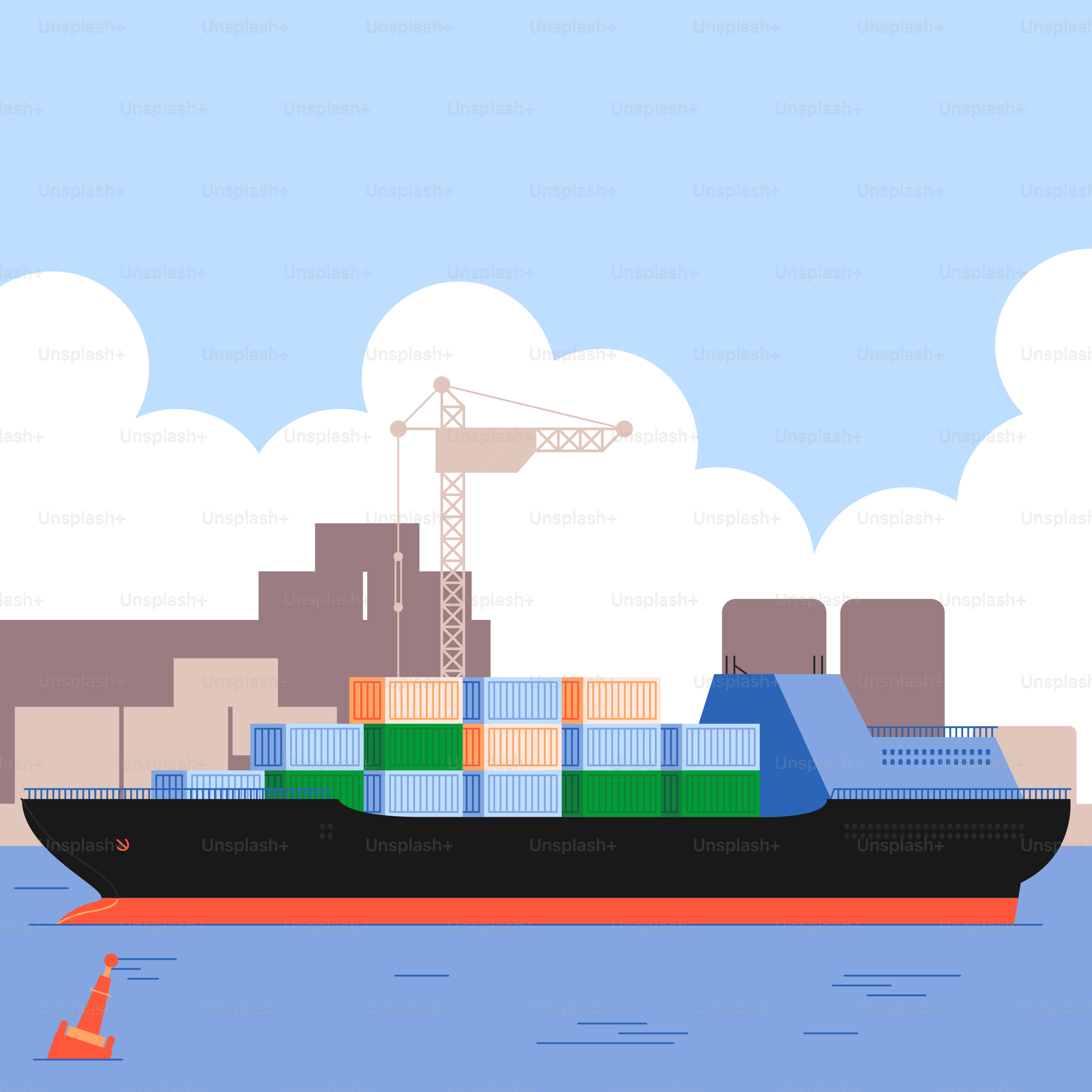 A cargo ship in the water with a crane in the background