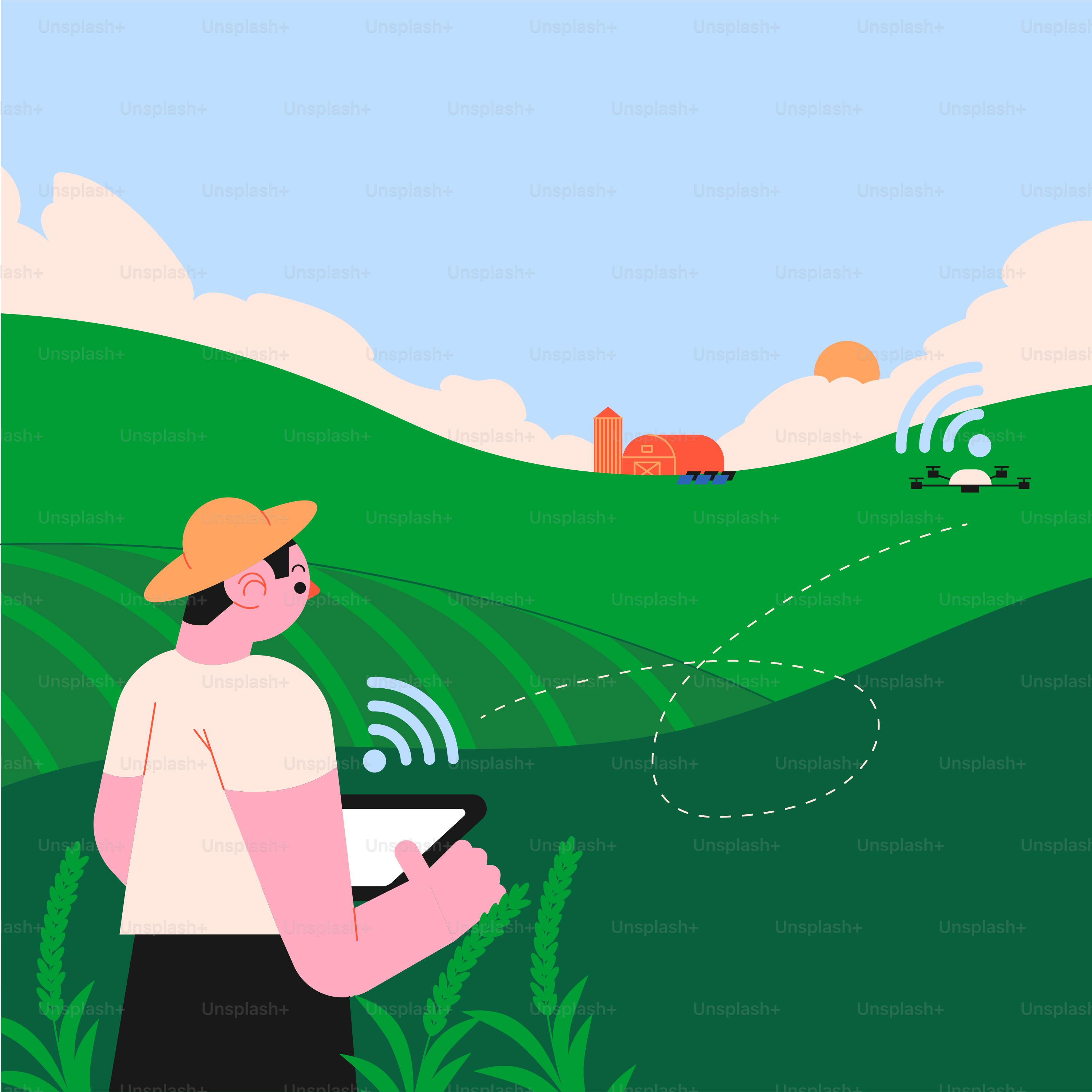 A man standing in a field holding a tablet