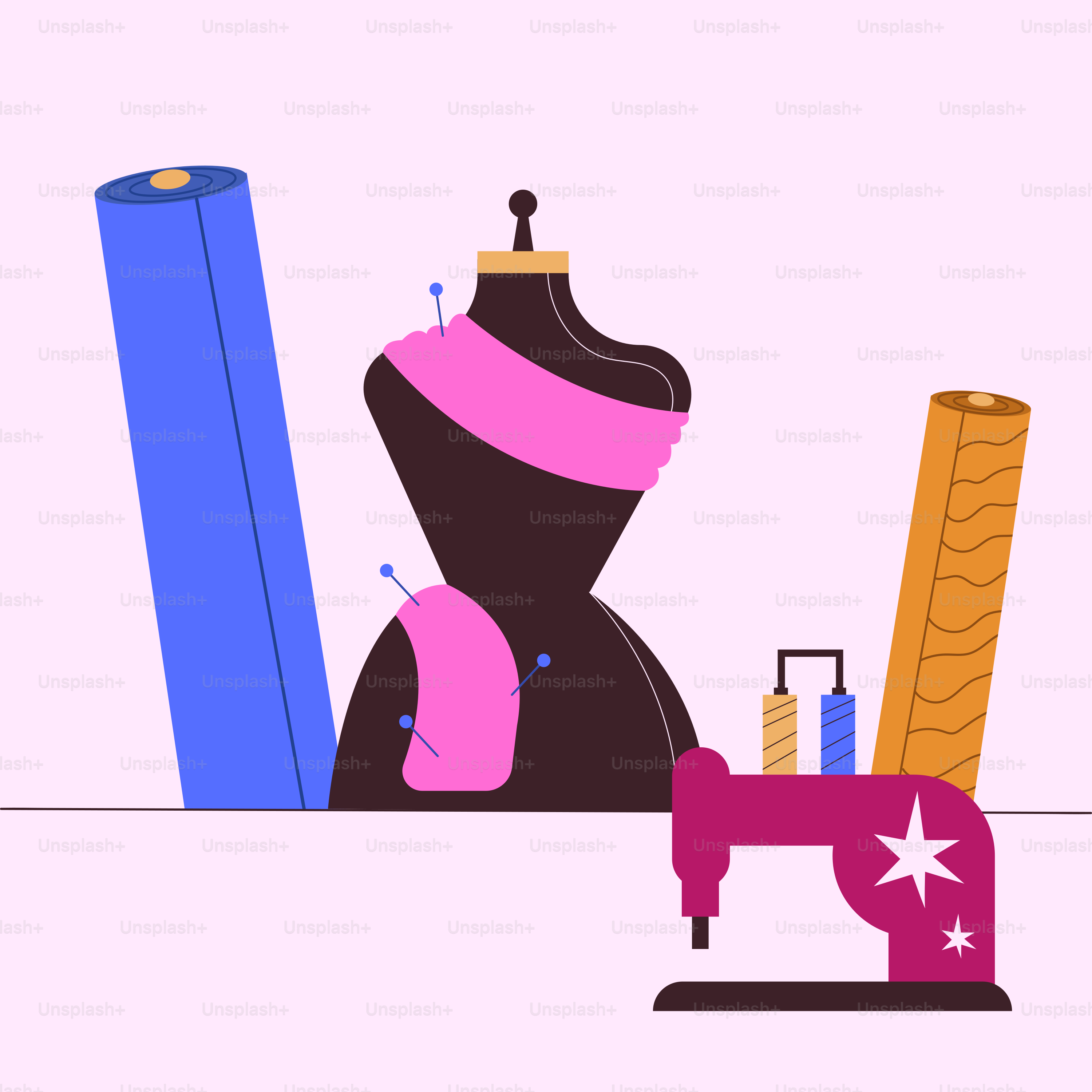 A sewing machine sitting next to a dress on a mannequin