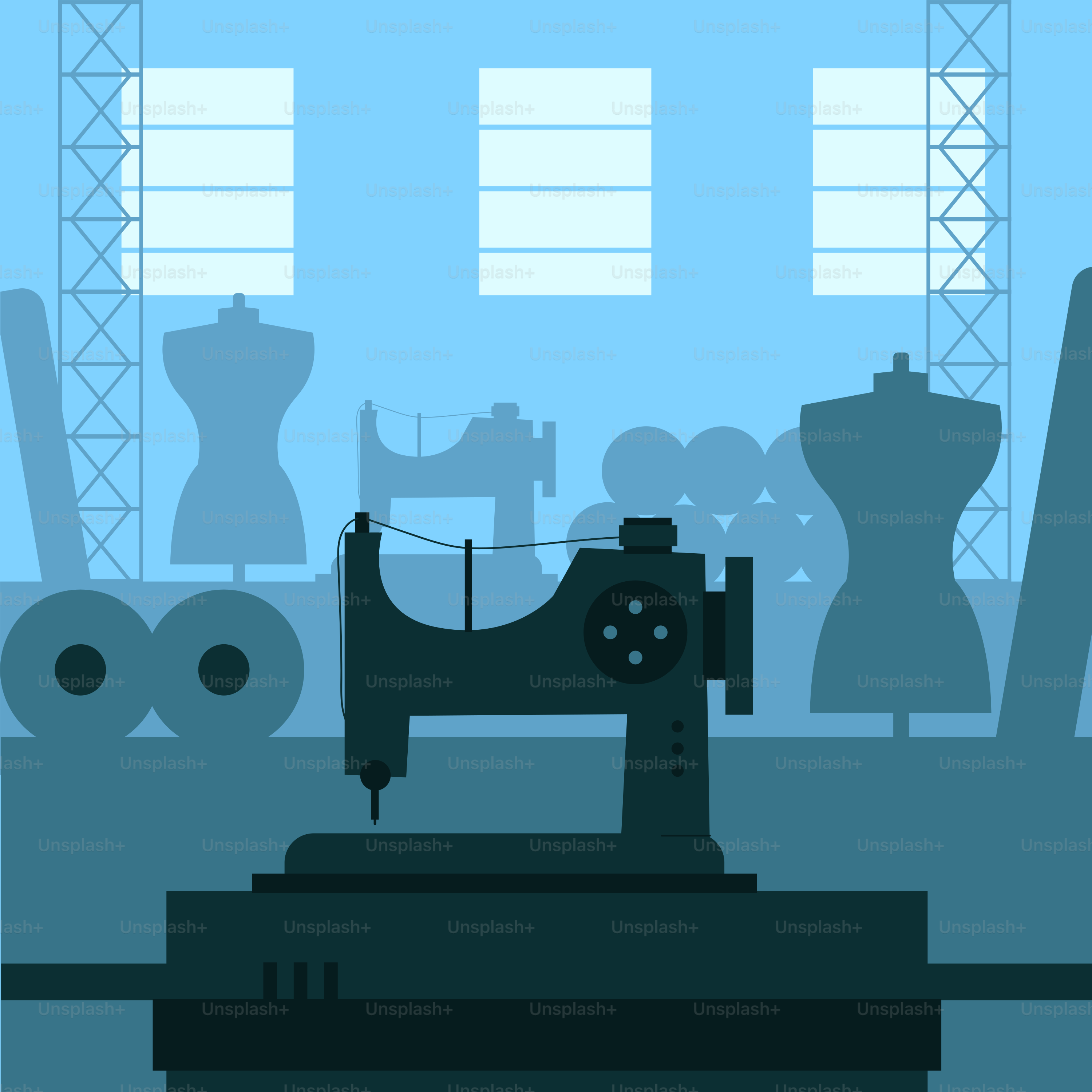 A silhouette of a sewing machine in a factory