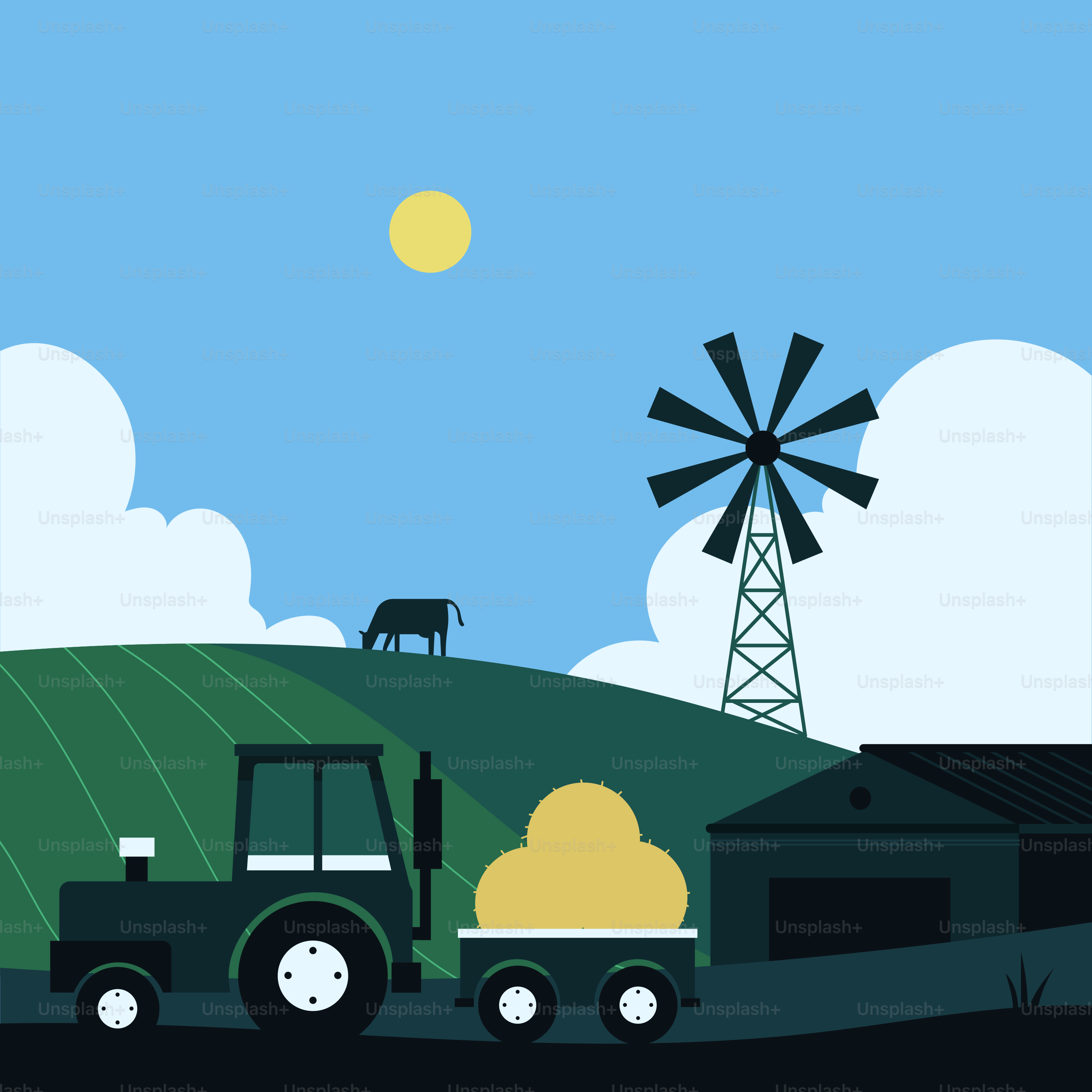 A farm scene with a tractor and a windmill