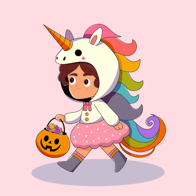 A girl in a unicorn costume carrying a pumpkin