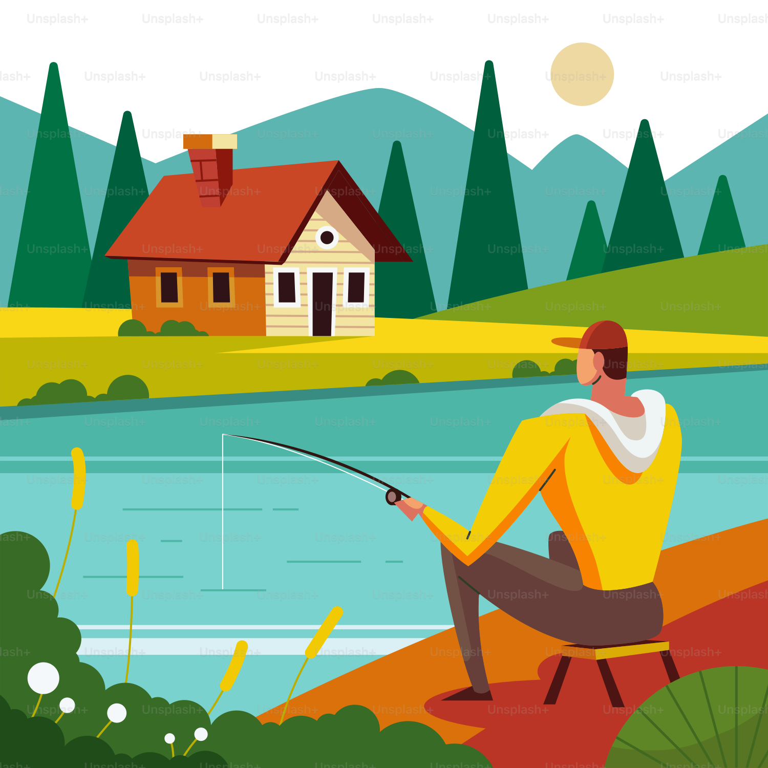 Ein Mann, der auf einer Bank angelt an einem See