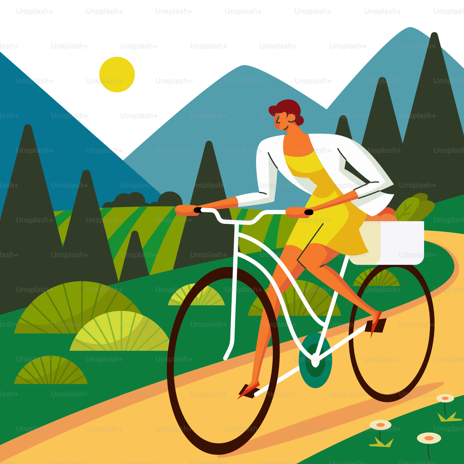 A woman riding a bike down a dirt road