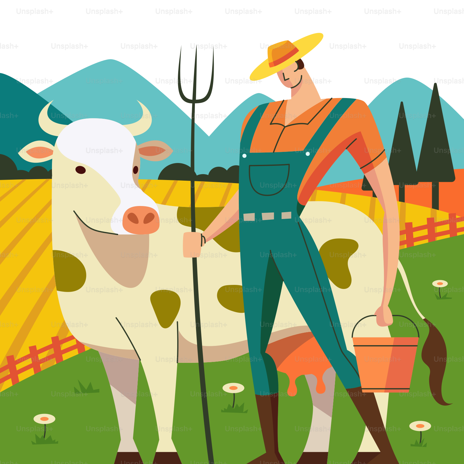 Ein Mann, der neben einer Kuh auf einem Feld steht