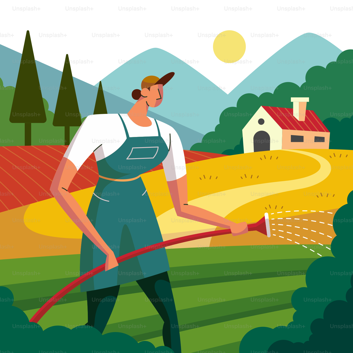 Eine Frau, die ein Feld mit einem Schlauch bewässert