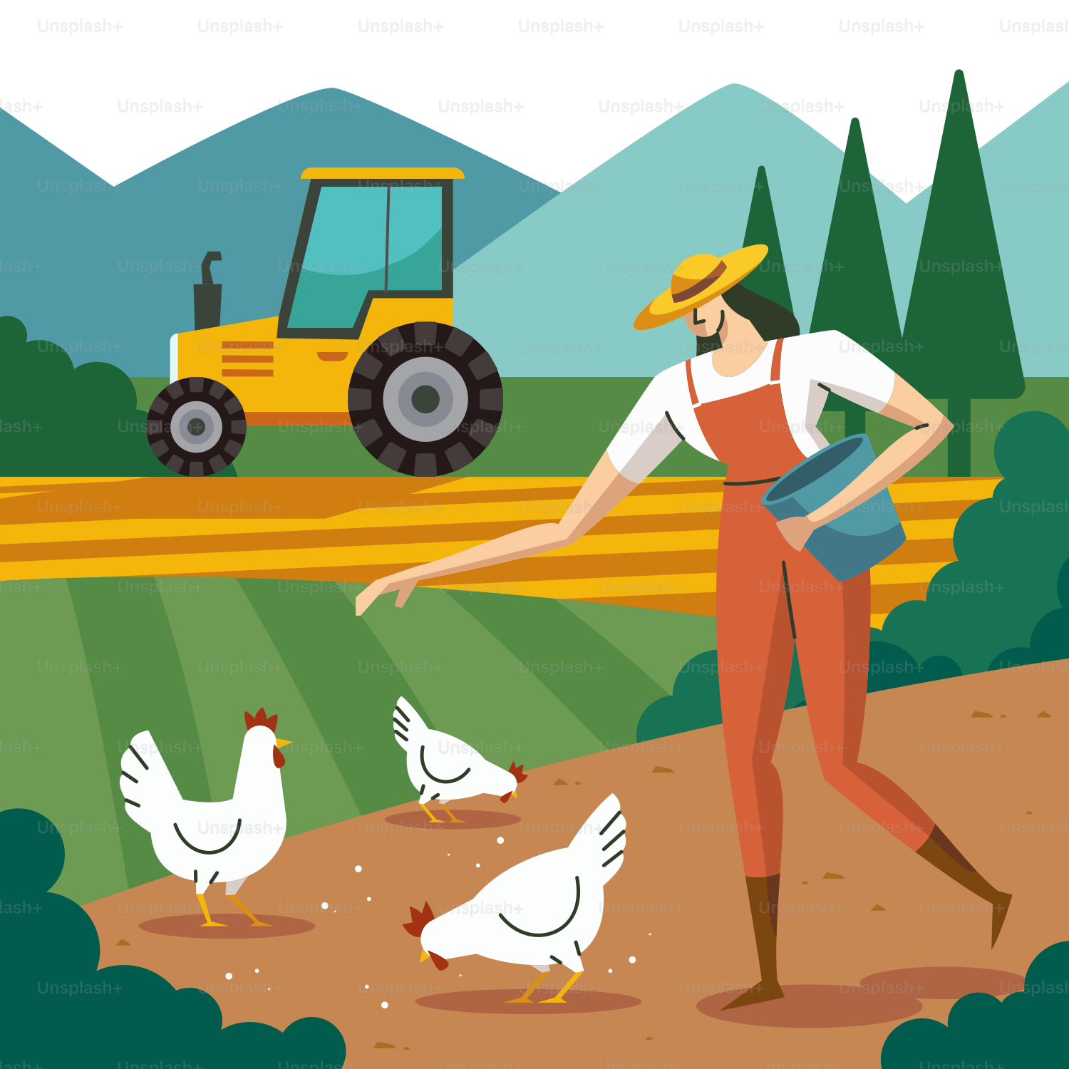 Eine Frau, die mit Hühnern auf einem Feld steht