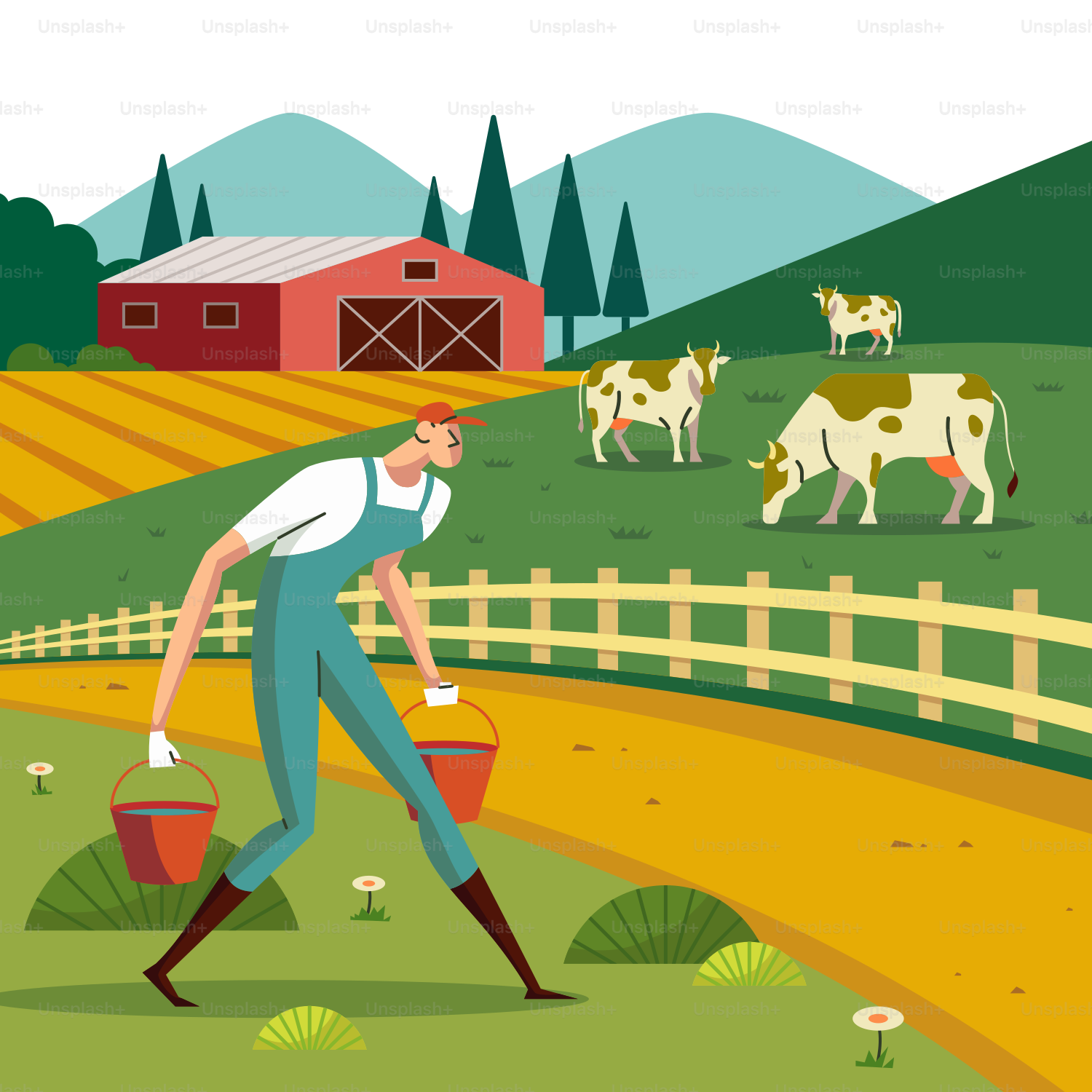 Ein Mann in Overalls und Hut hält einen Eimer vor einem