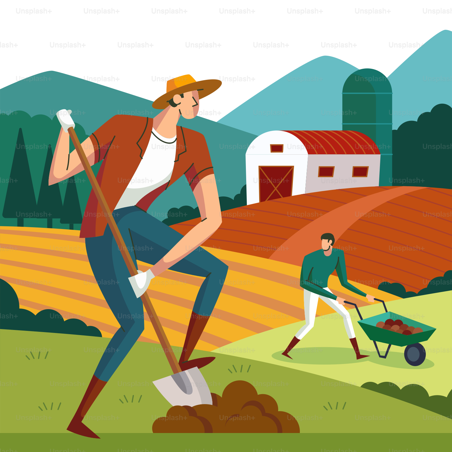 Ein Mann mit einer Schaufel arbeitet auf dem Feld