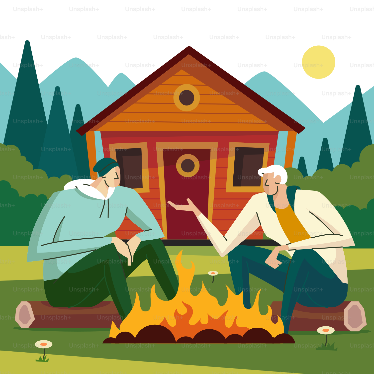 Ein paar Männer, die neben einem Feuer sitzen