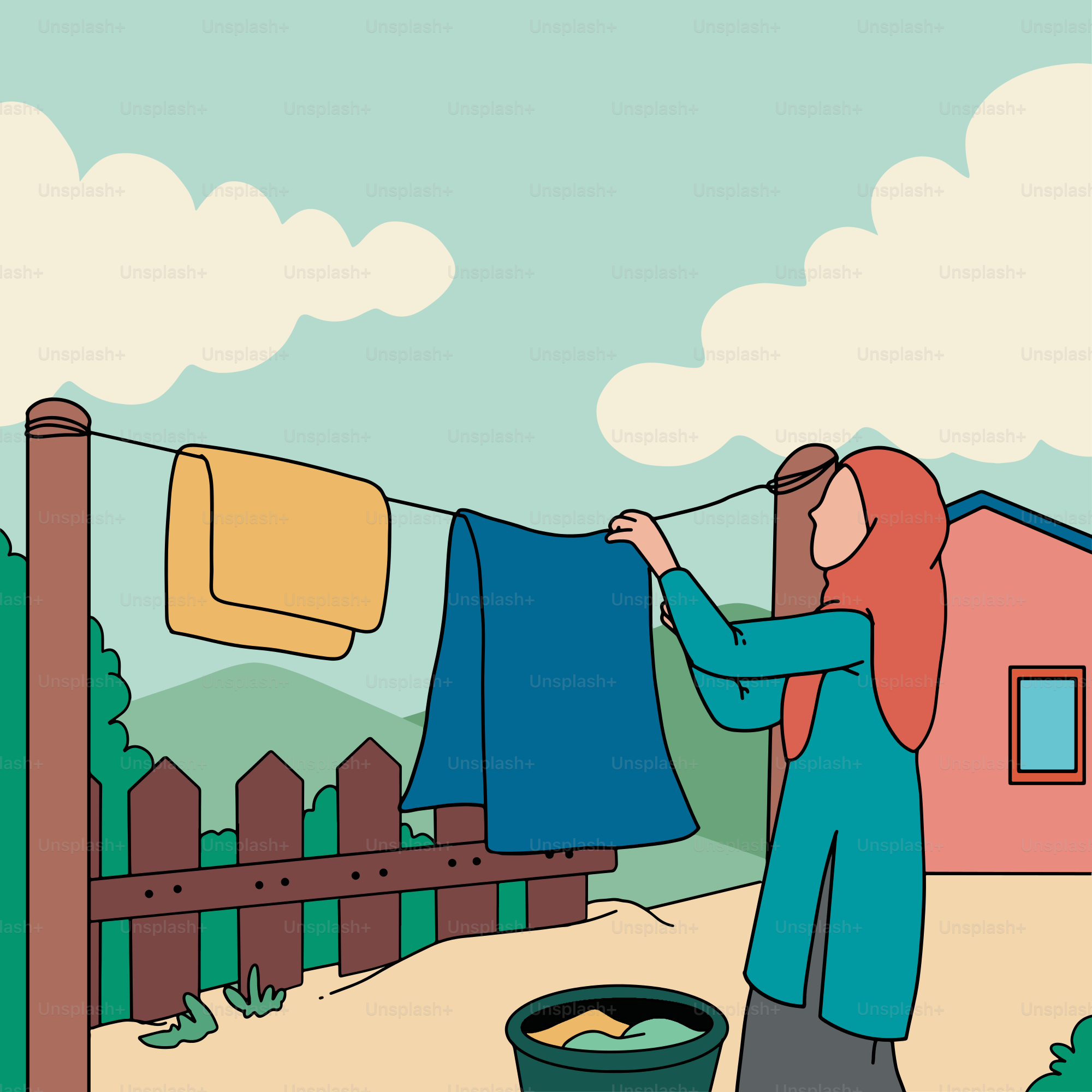 A woman hanging out her clothes on a line