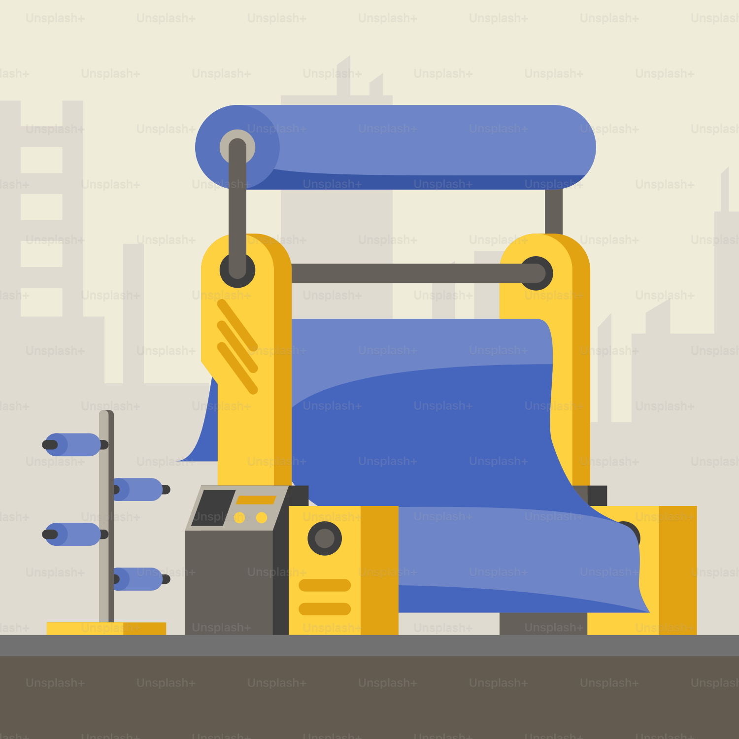 A blue and yellow chair sitting in front of a tall building