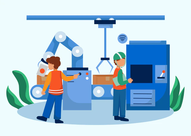 <b>Closest to our target.</b> Semi-flat machinery in blue, simple people, light shading. Take the shape language and palette.