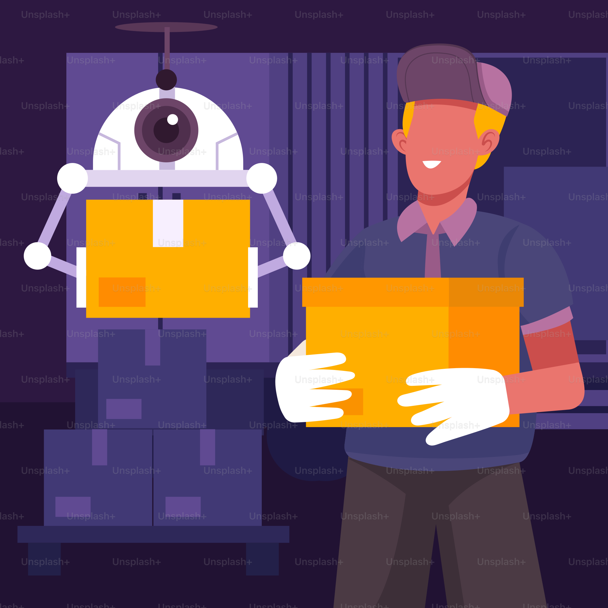 A man holding a box in front of a robot