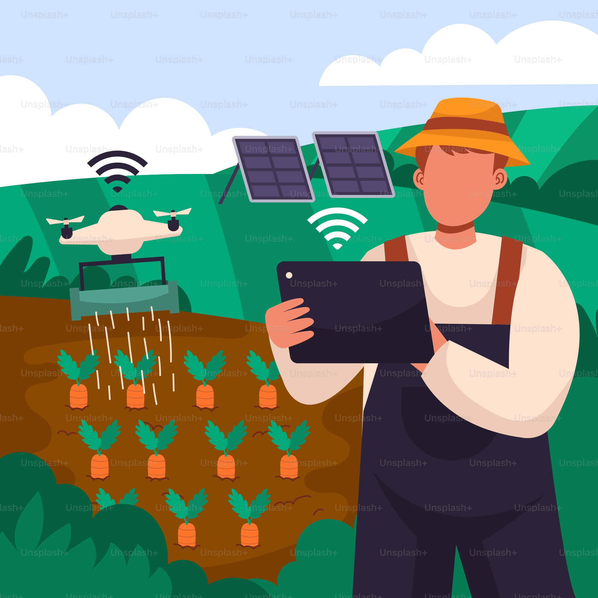 Un uomo in piedi in un campo con una tavoletta in mano