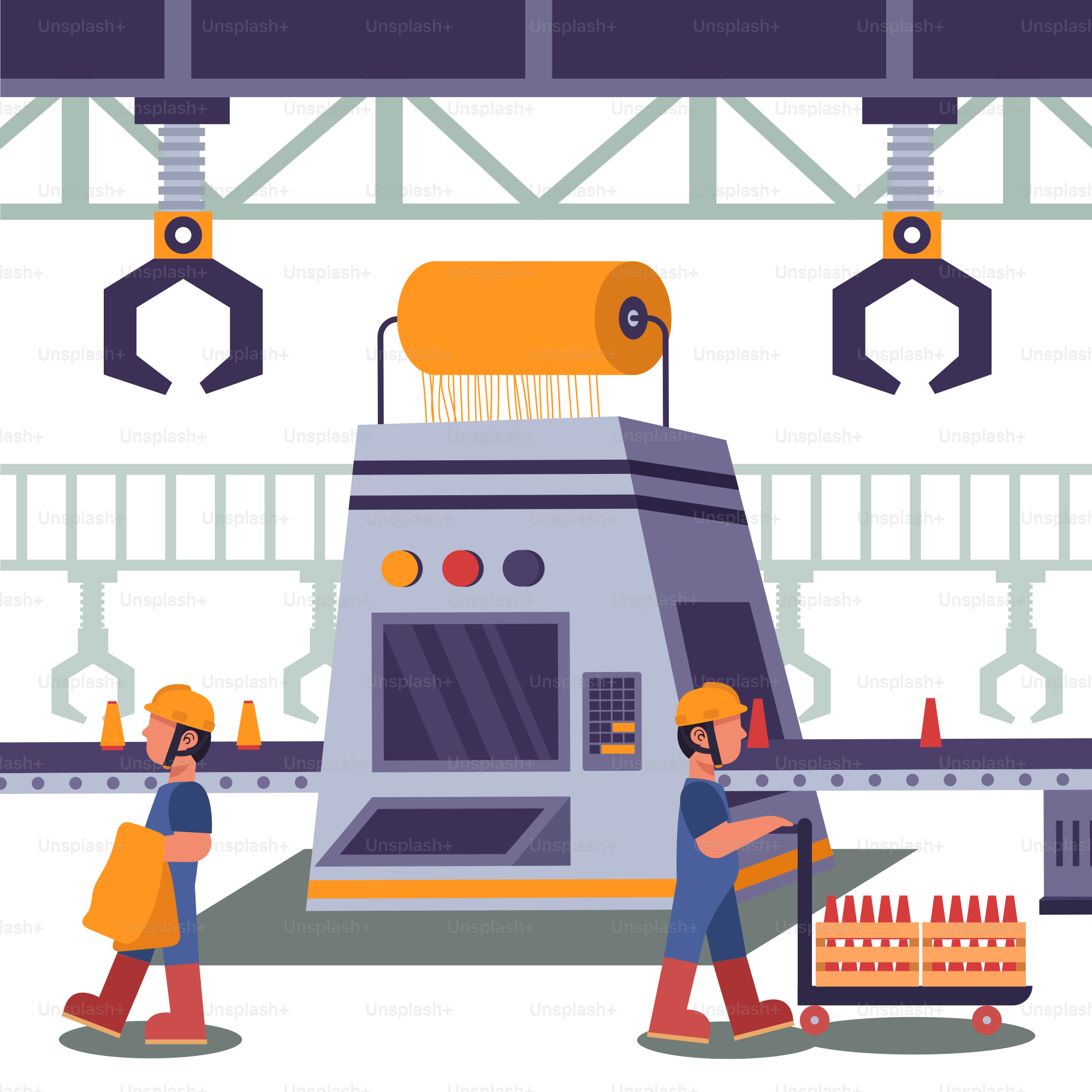 Two people working on a machine in a factory