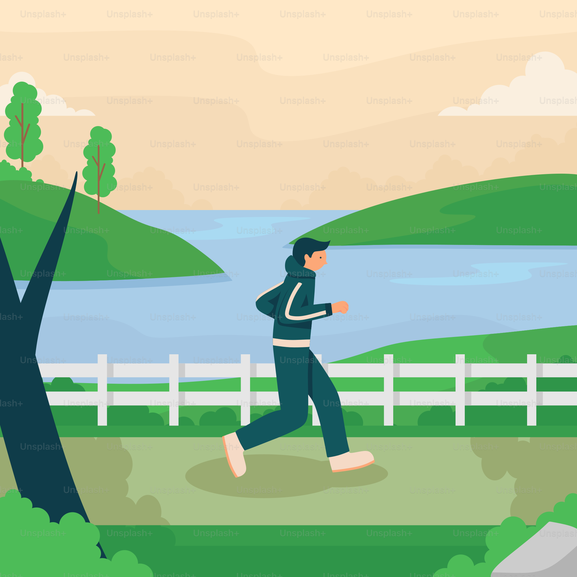A man running in a park with a lake in the background