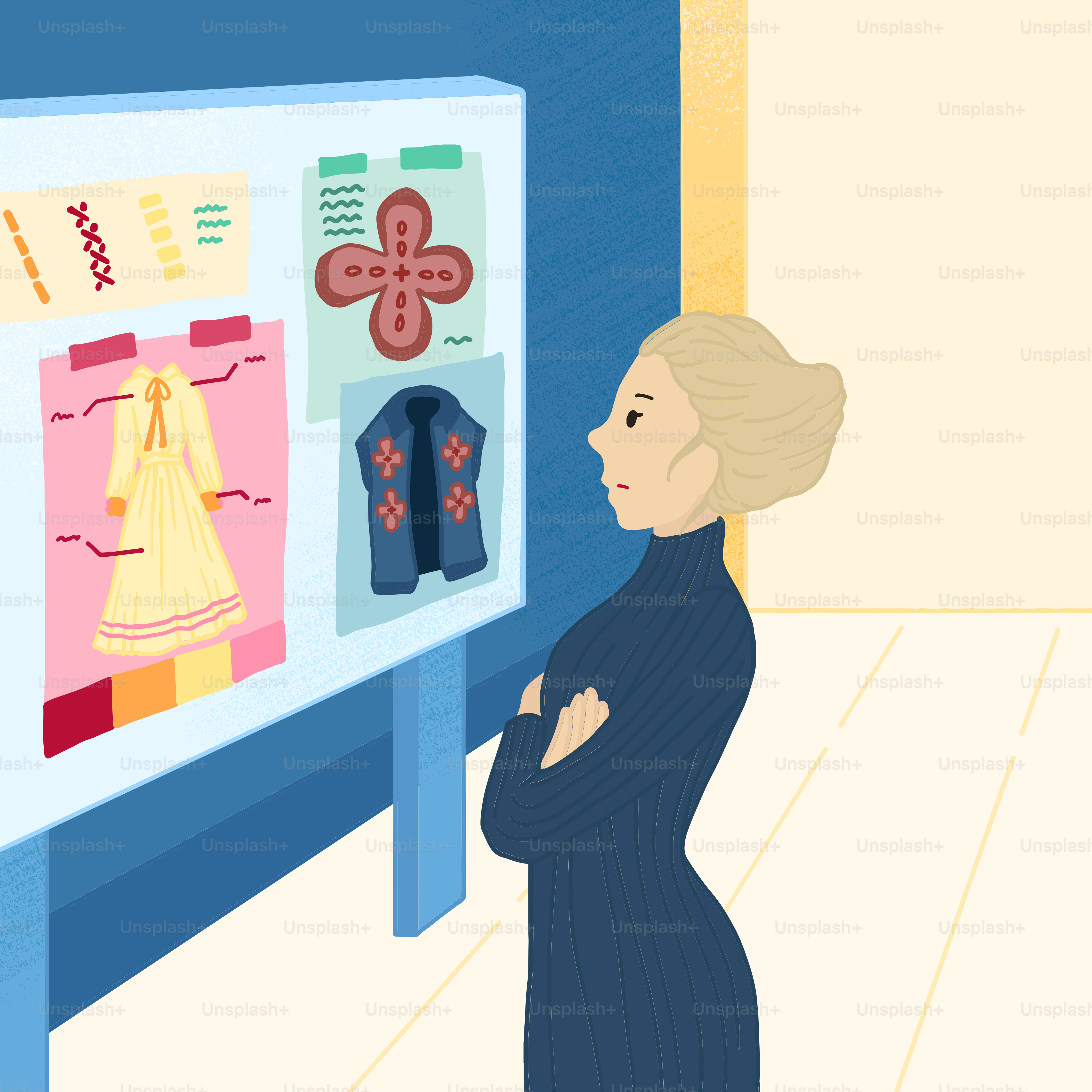 A woman standing in front of a display of clothing