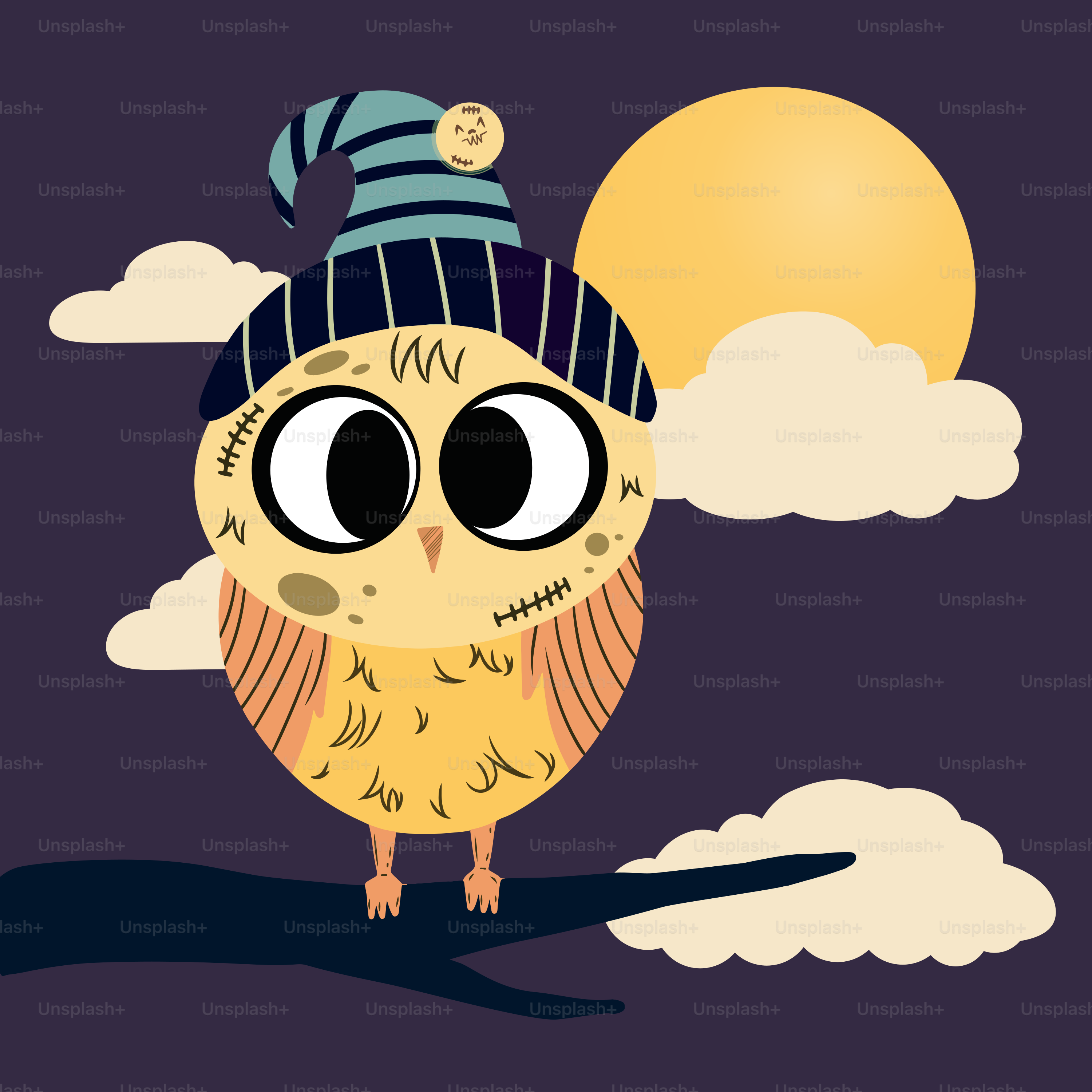 An owl wearing a hat and sitting on a branch