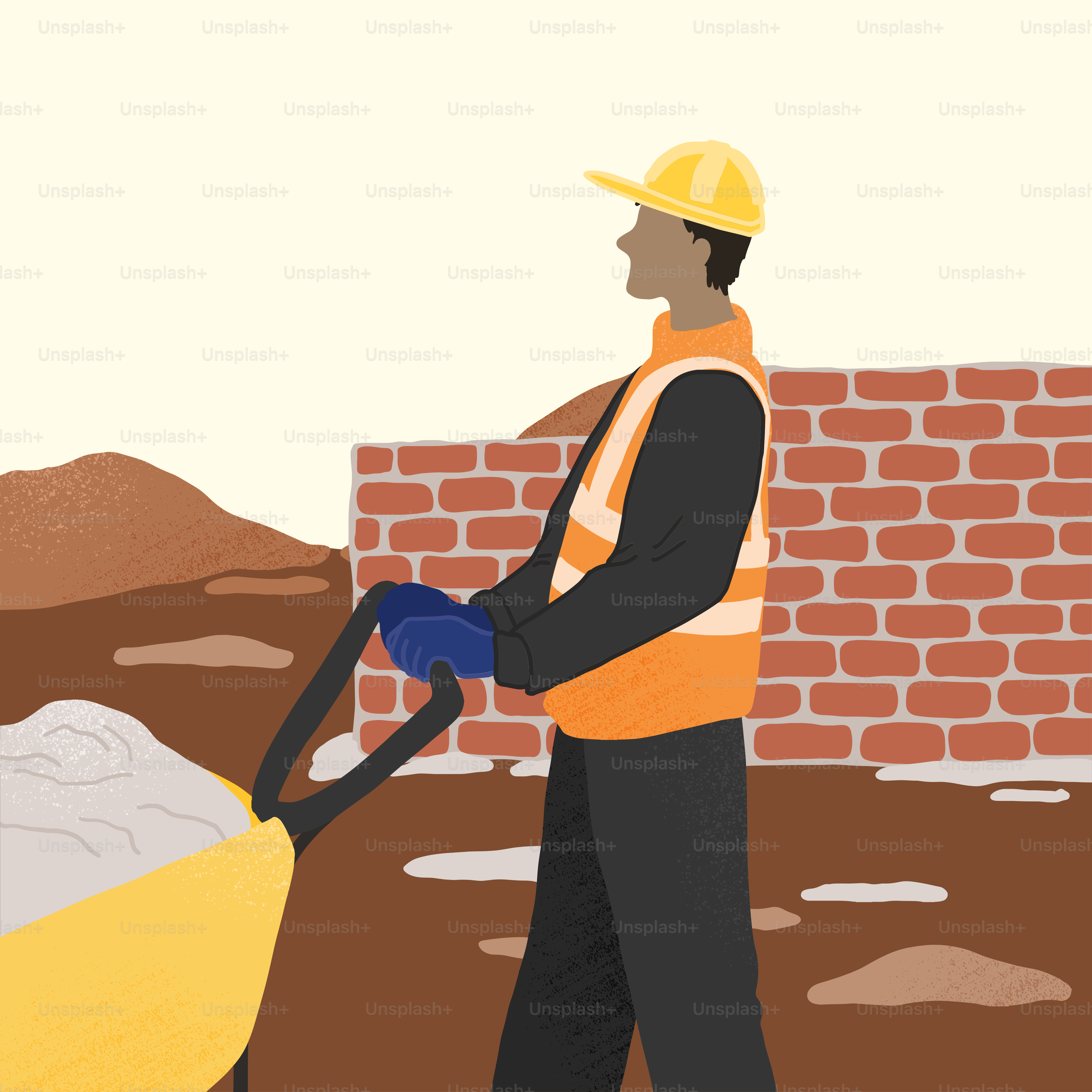 A man in a hard hat is pushing a wheelbarrow