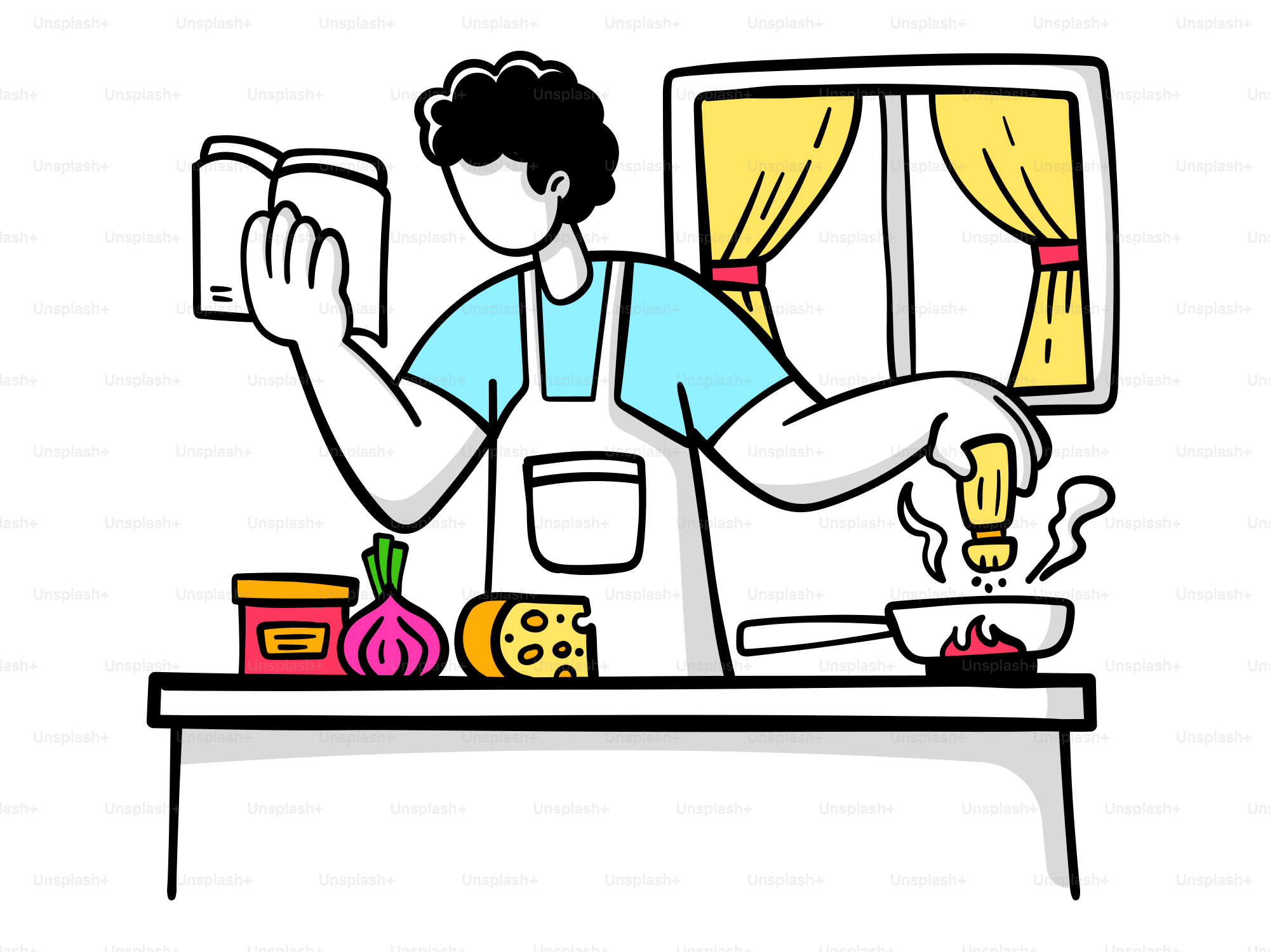 A person in an apron cooking on a stove