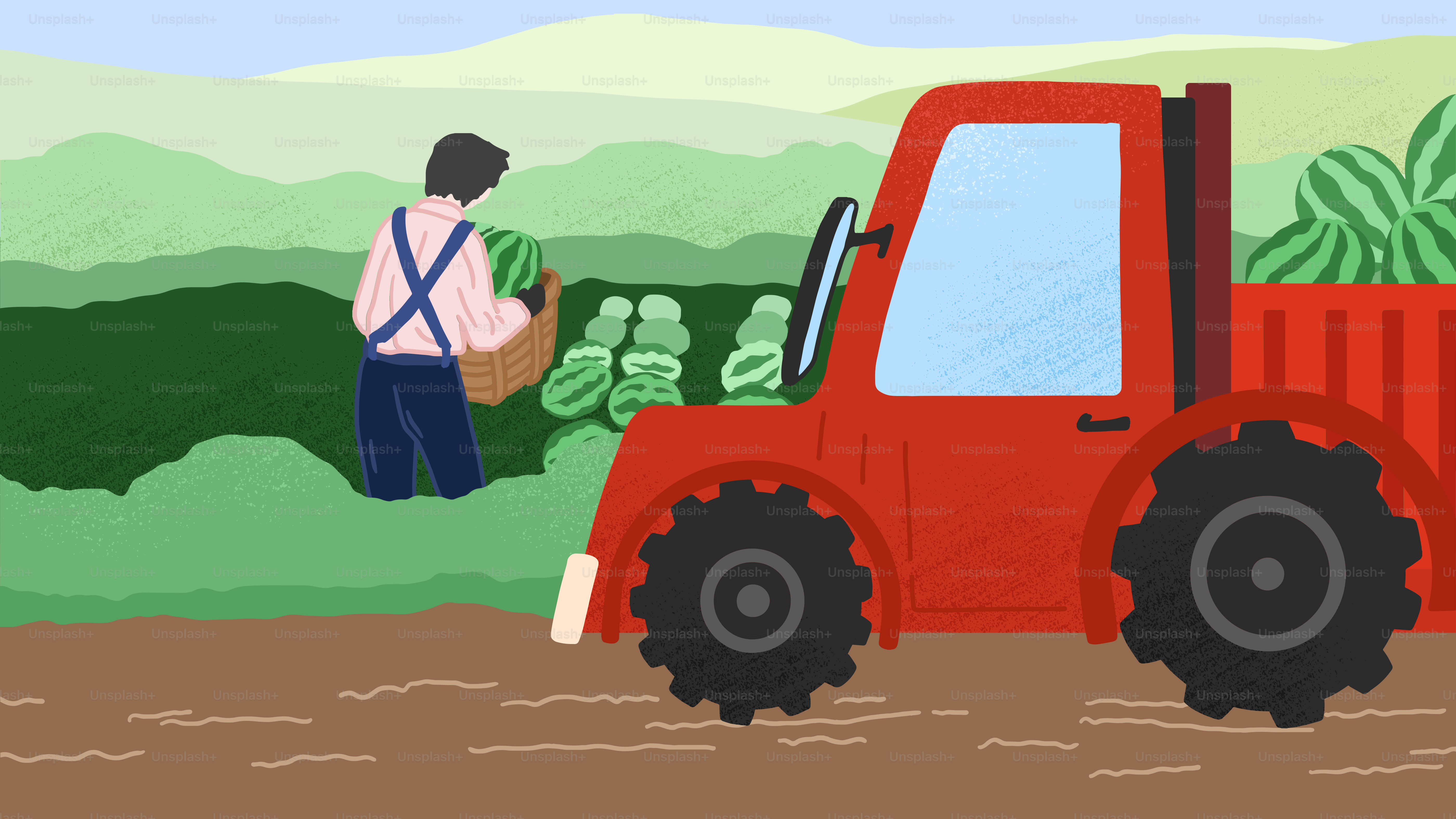 Eine Karikatur eines Landwirts mit einem roten Traktor