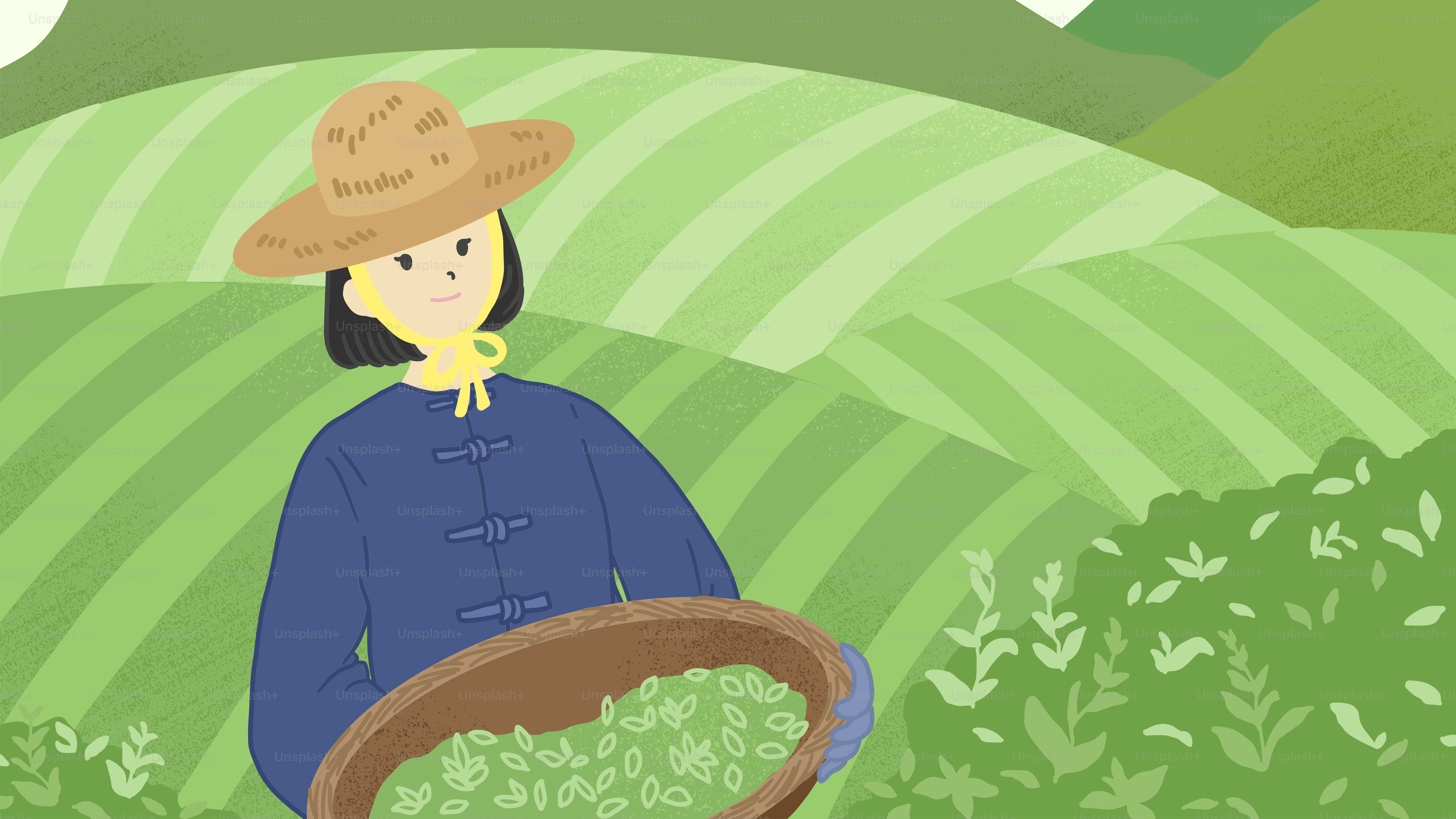 A woman in a hat is holding a basket